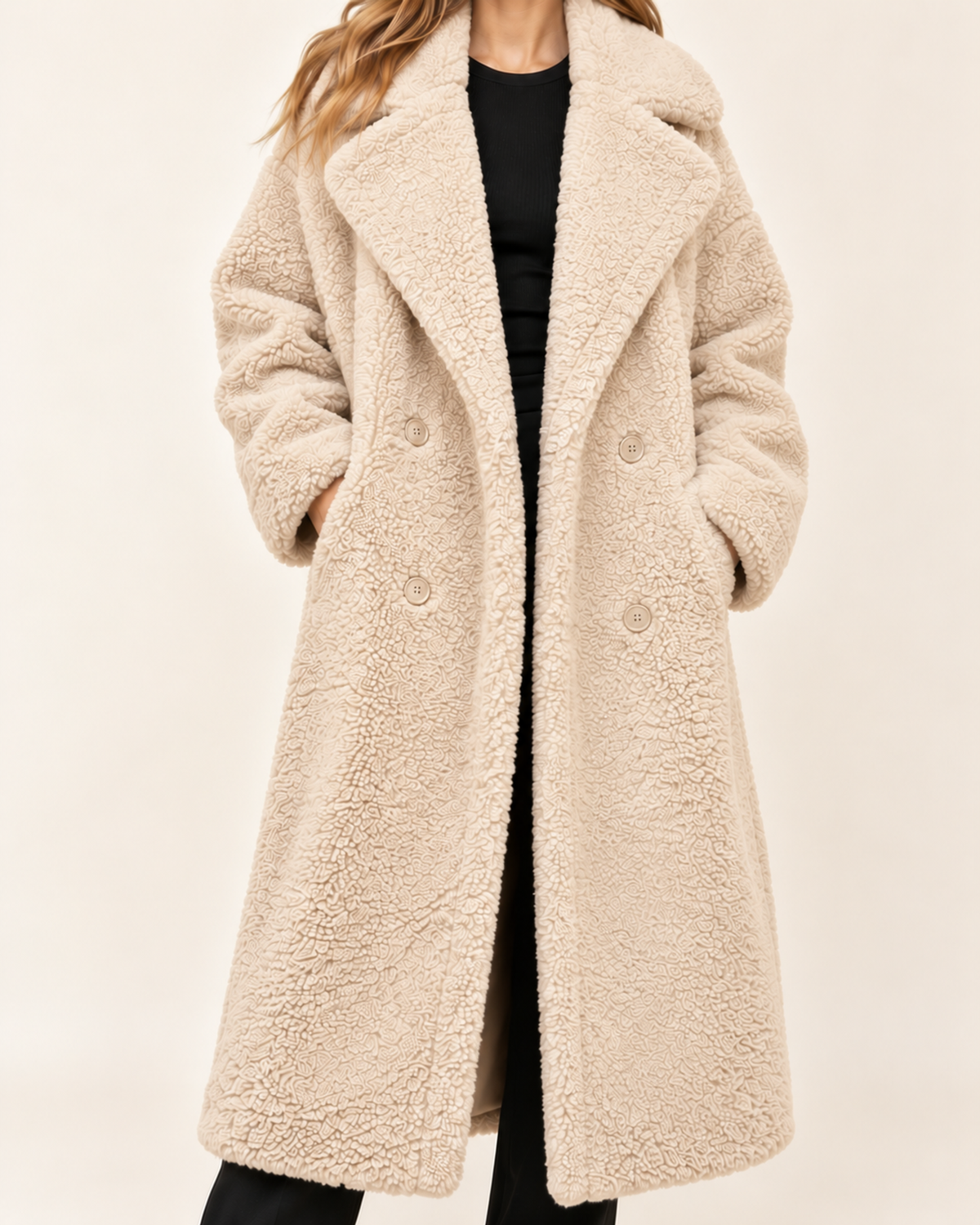 Women's cream long teddy coat close variant view