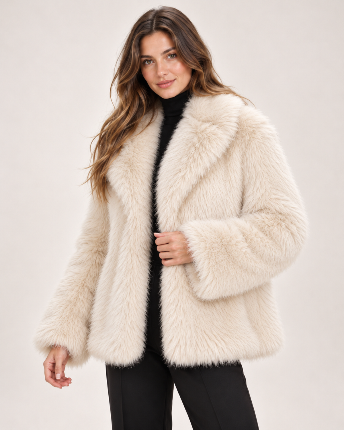 Women's Faux Fur Jacket with Wide Collar cream close variant view