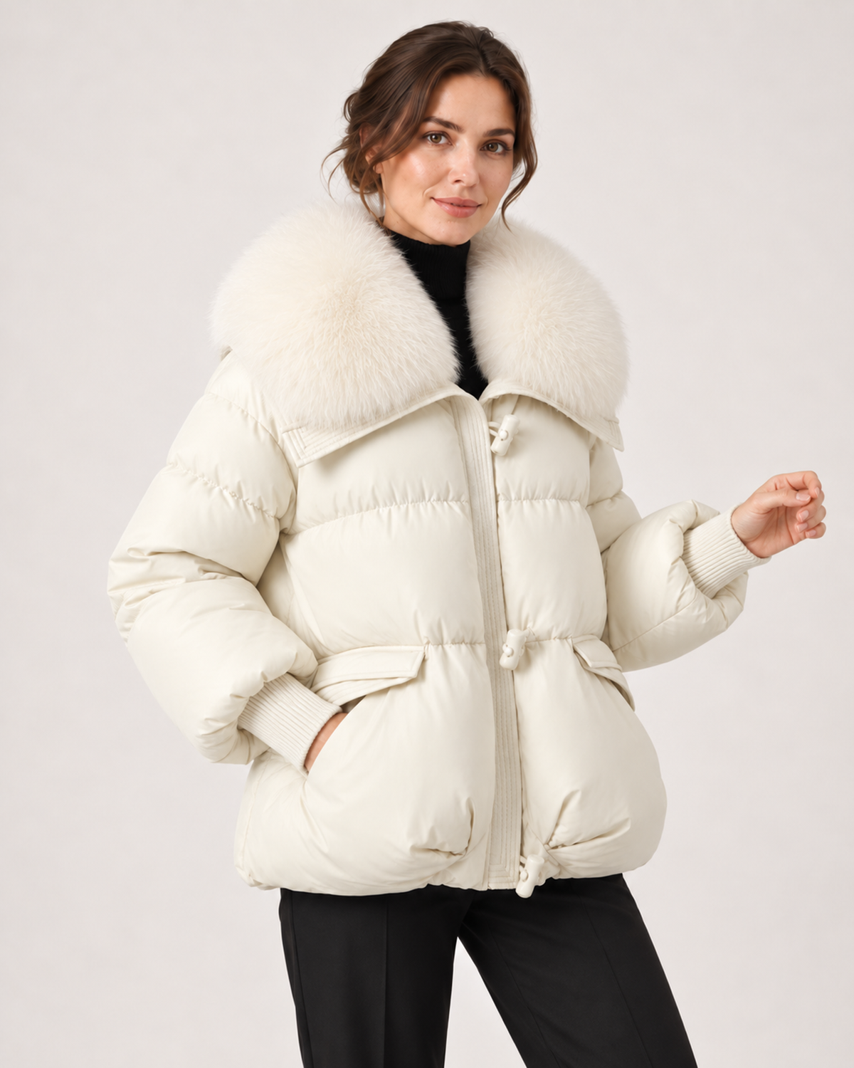 Women's Puffer Jacket with Faux Fur Collar and Drawstring Waist cream close variant view