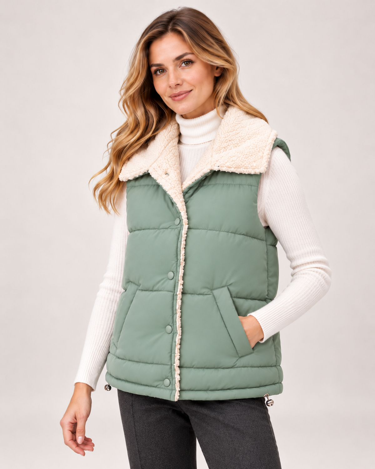 Women's Padded Gilet with Faux Fur Collar green close variant view