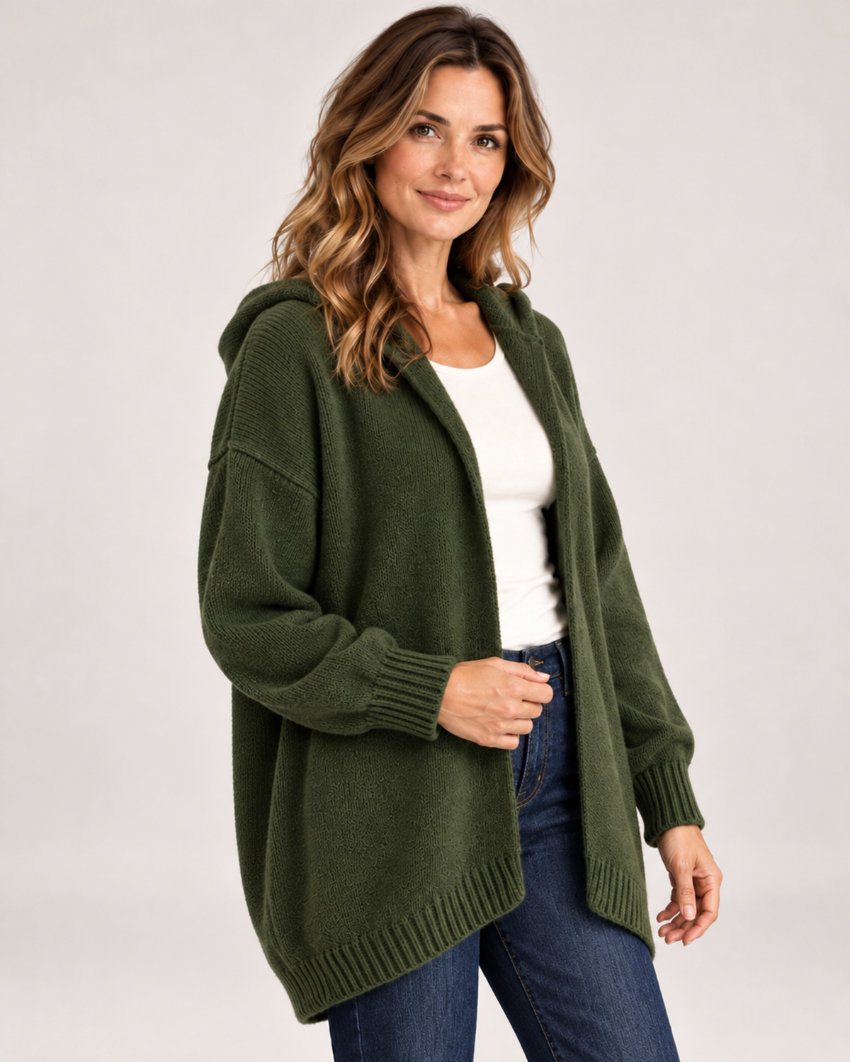 Women's Hooded Cardigan with Knitted Finish green close variant view