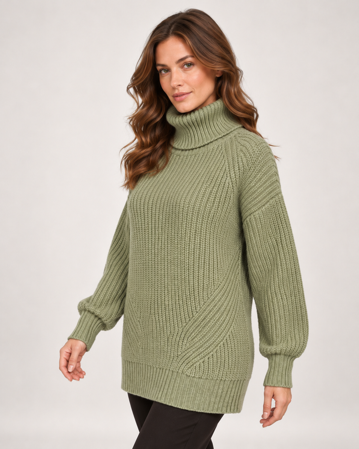 Women's Roll Neck Jumper with Relaxed Longline Fit green close variant view