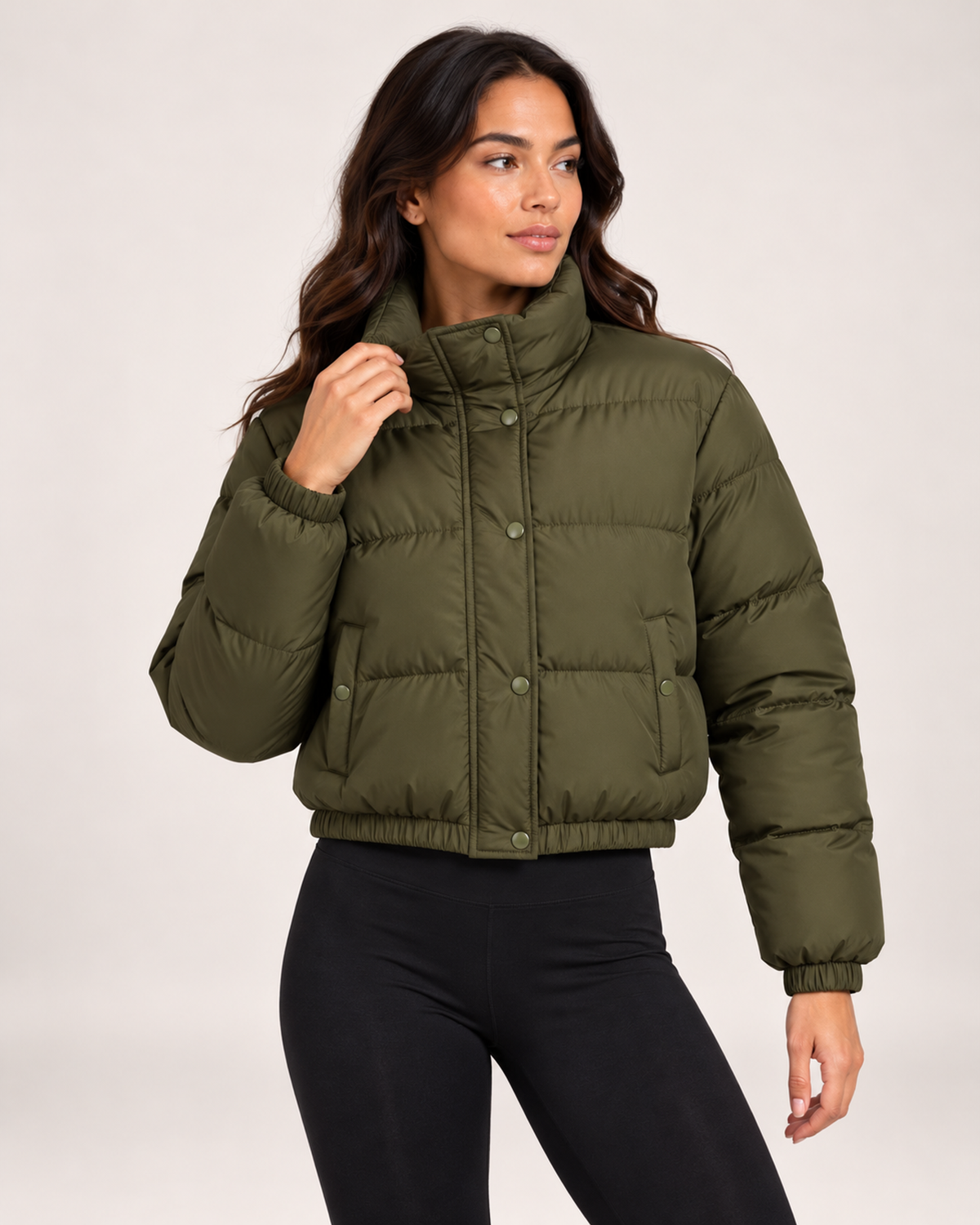 Women's green padded quilted cropped bomber jacket