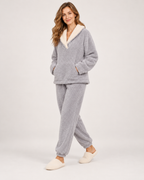 Women’s Fleece Pyjamas with Contrast Collar in Grey, three quarter body view