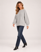 Women’s Fluffy Jumper with Crew Neck in Grey, three quarter body view