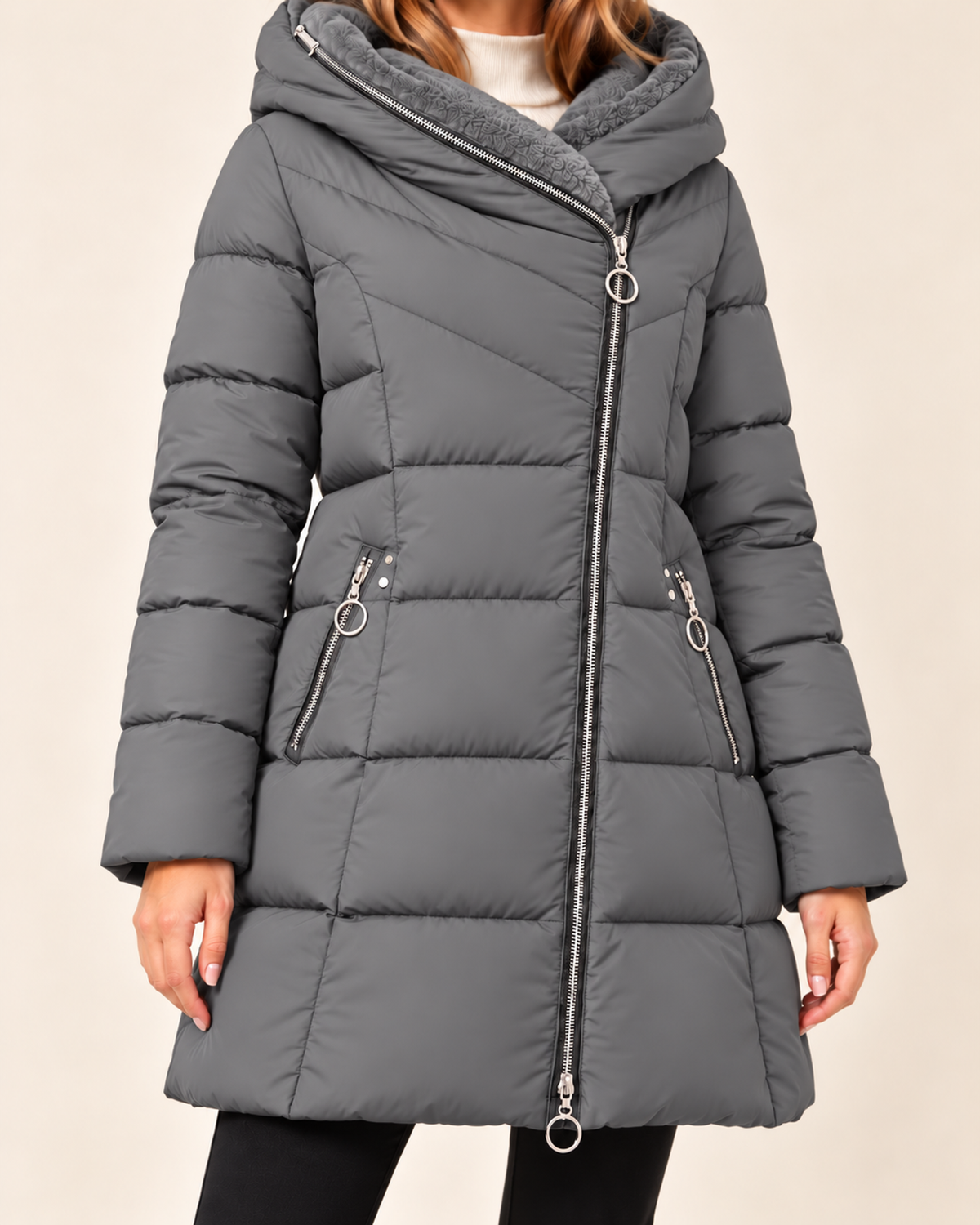 Women's grey long puffer jacket with asymmetric zip close variant view