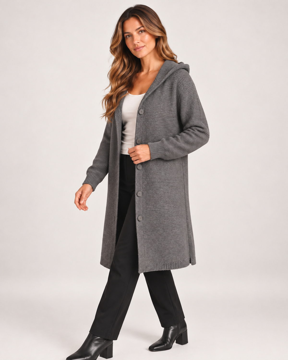 Women's Longline Cardigan with Hood and Button Front grey close variant view
