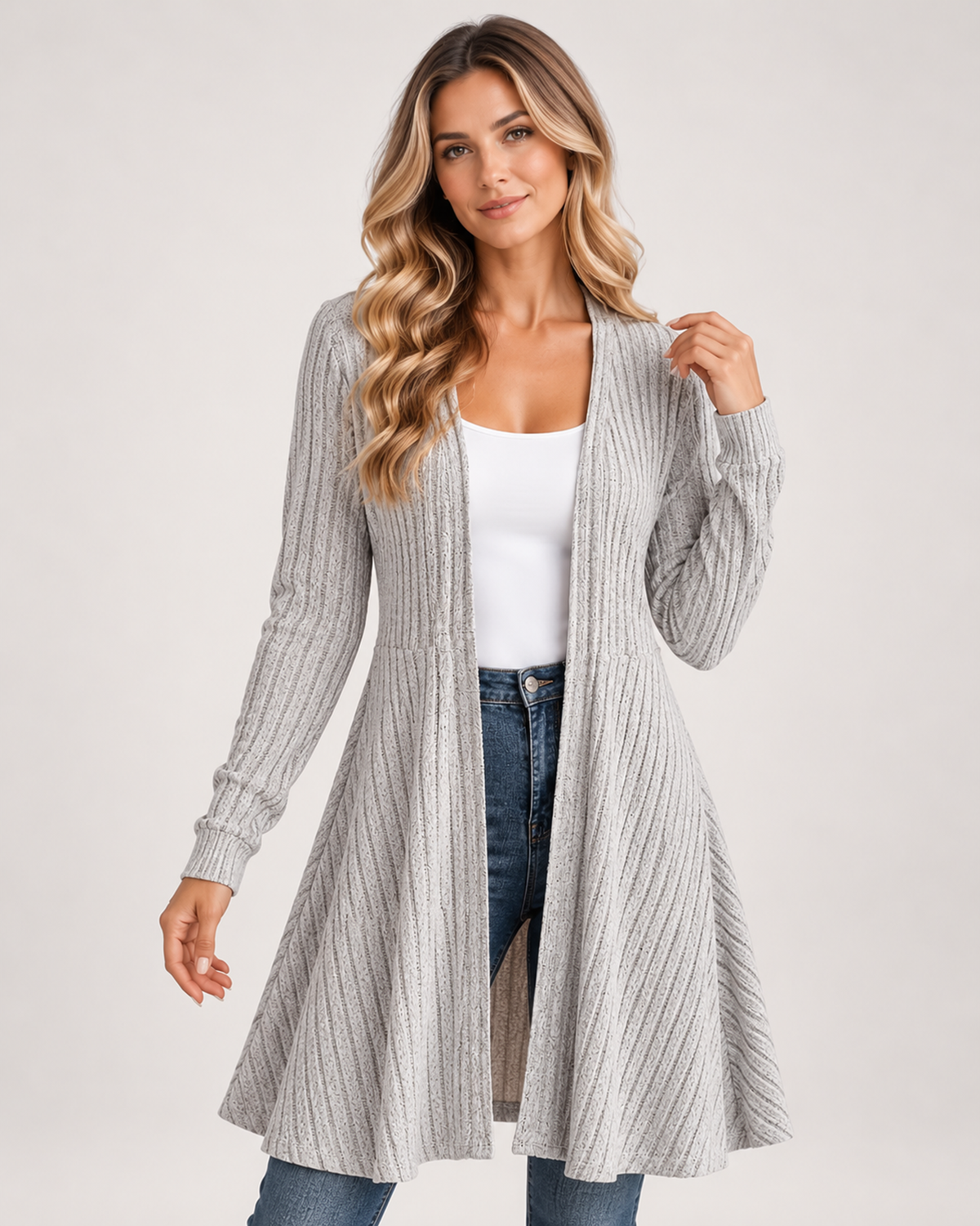 Women's Longline Cardigan with Open Front grey close variant view