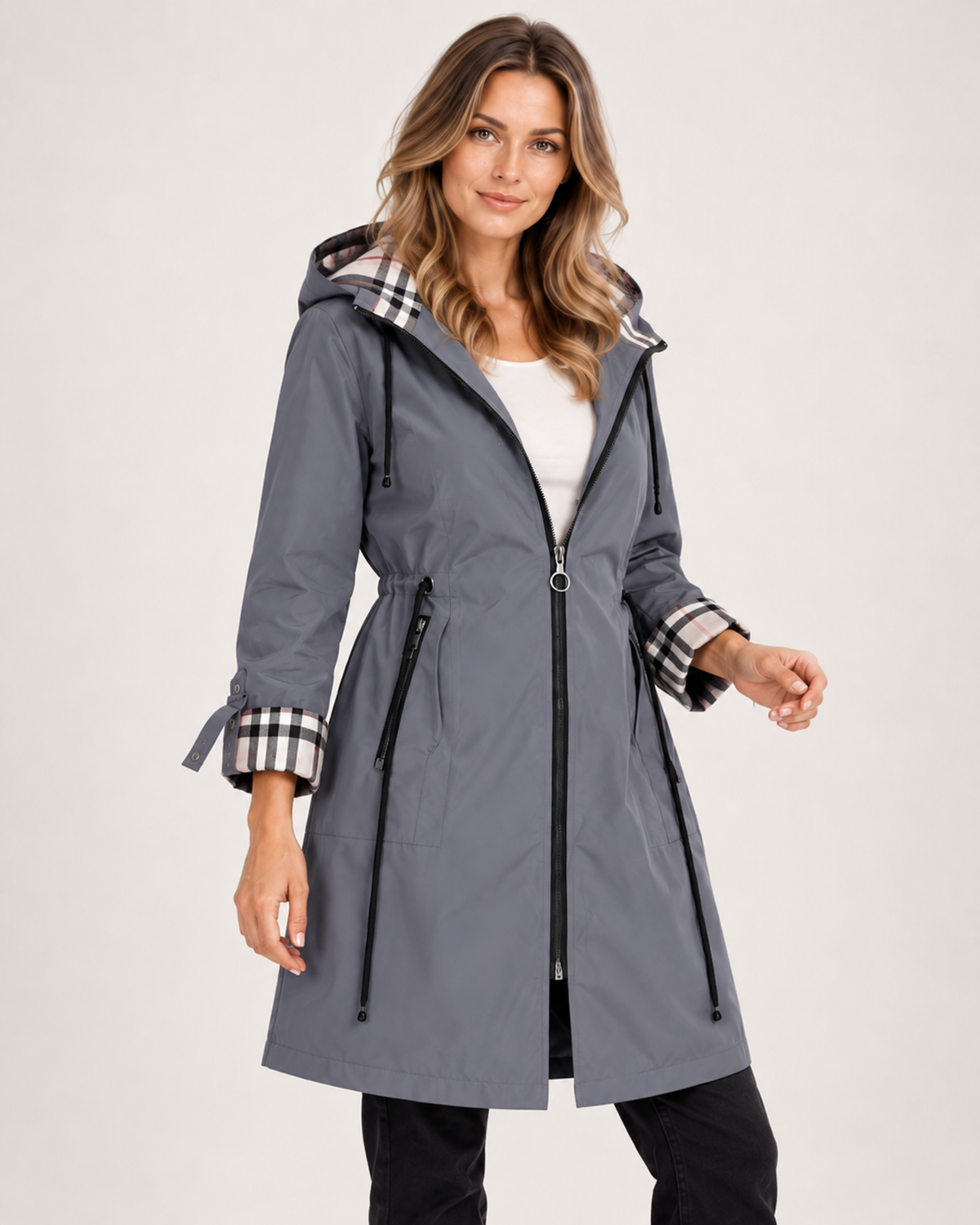 Women's Raincoat with Hood, Checked Trim and Belt grey close variant view