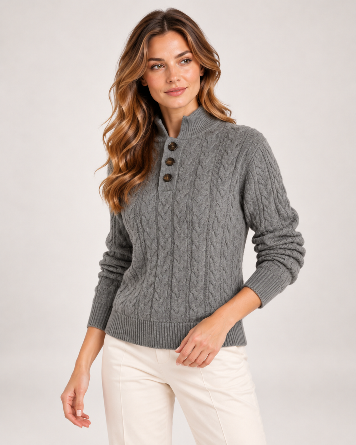 Women's Cable Knit Jumper with Stand Collar and Button Neck grey close variant view