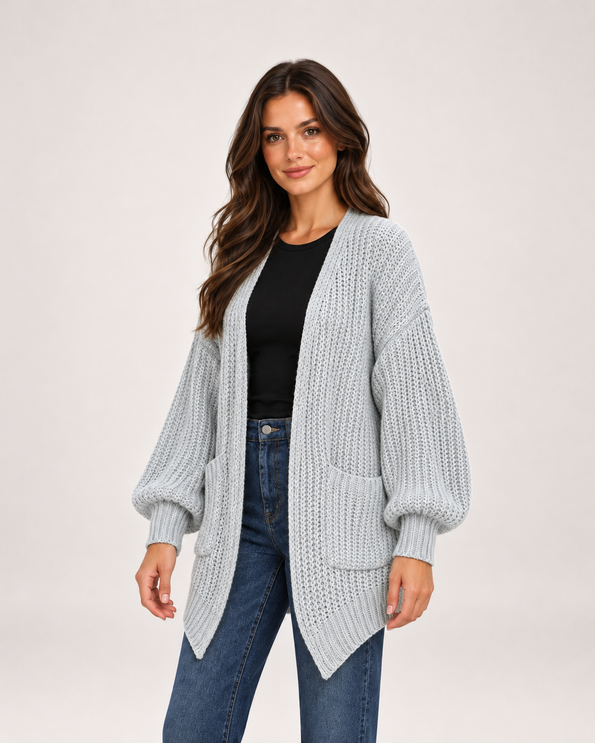 Women's Balloon Sleeve Cardigan with Chunky Knit grey close variant view