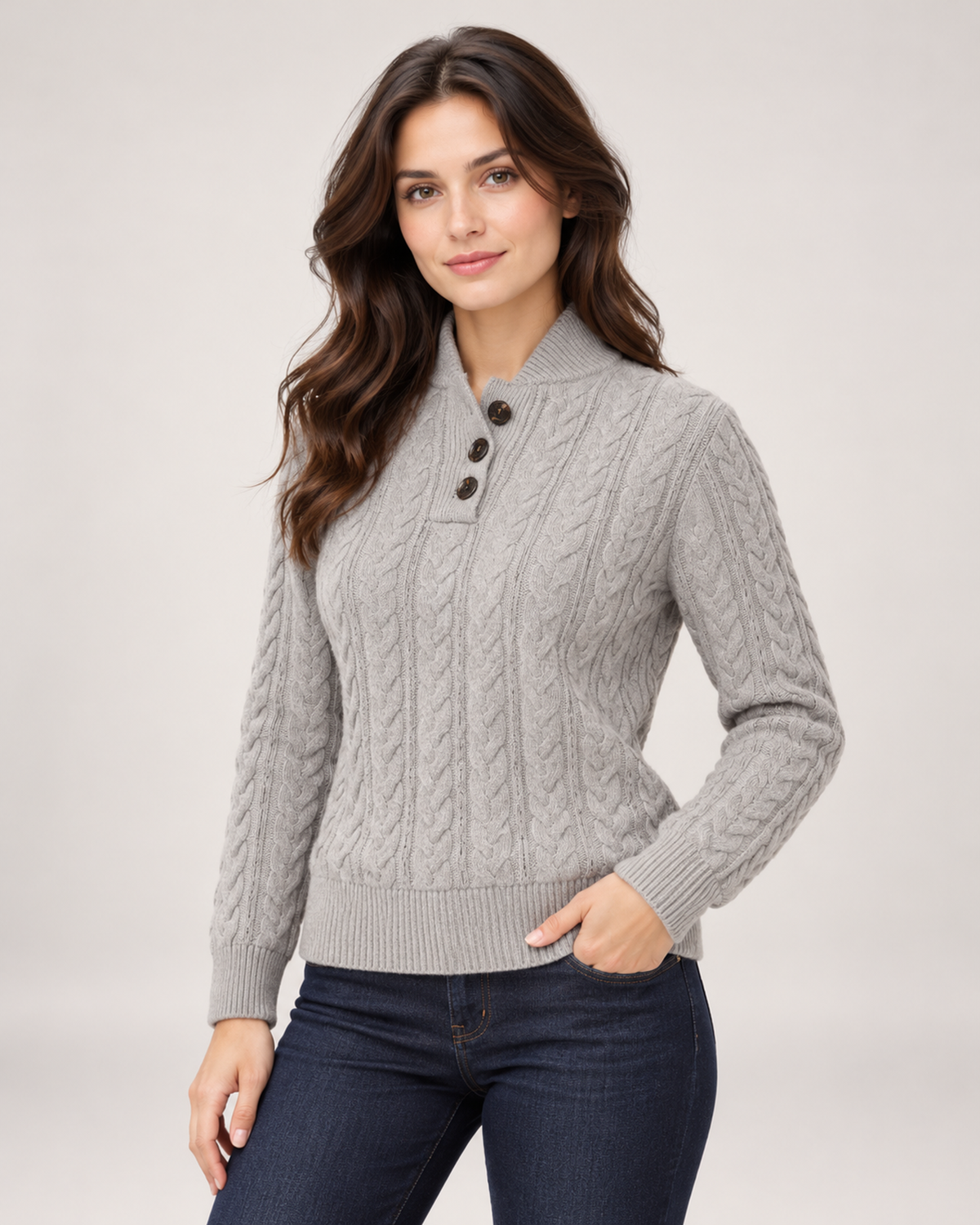 Women's Cable Knit Jumper with Button Neck grey close variant view