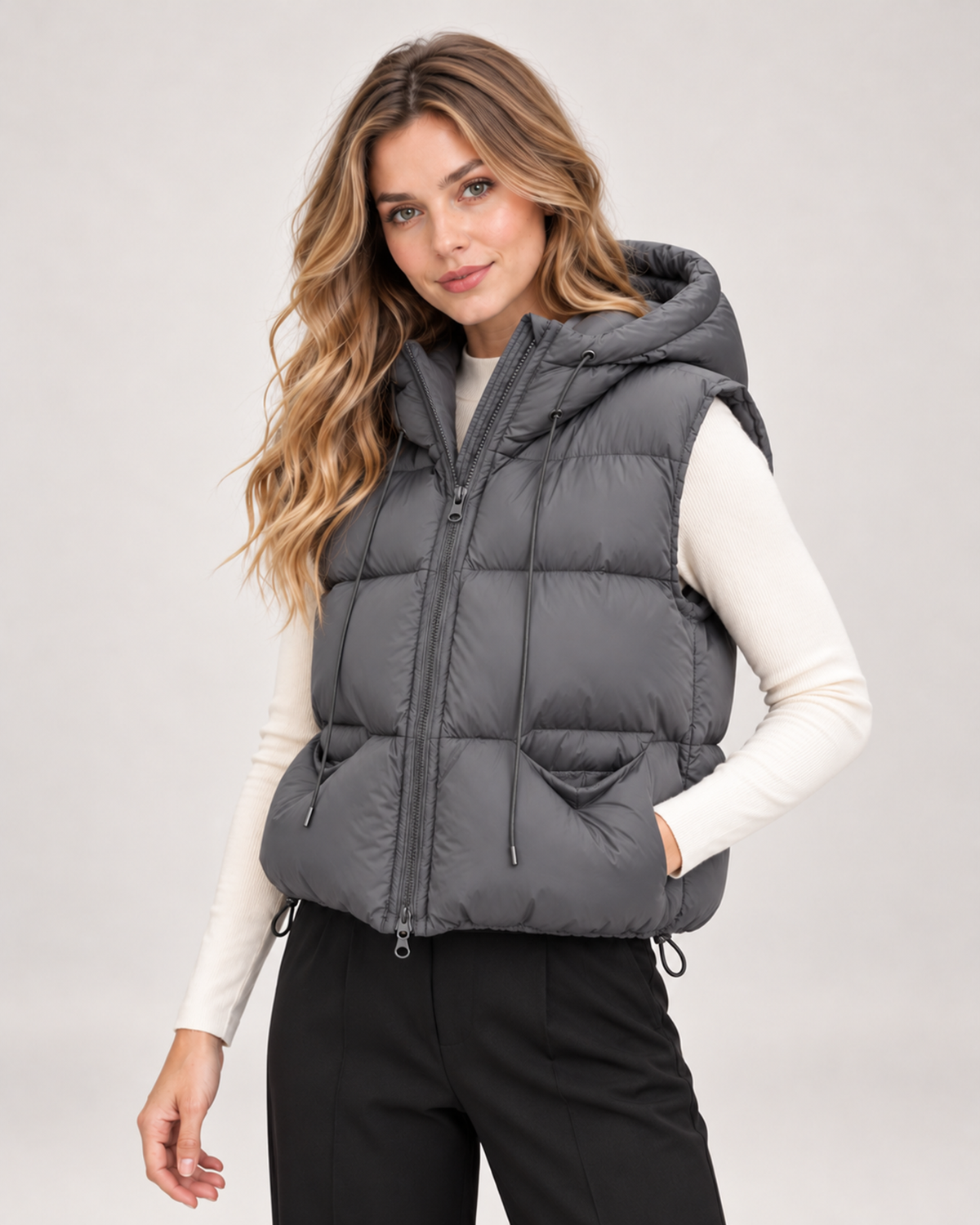 Women's Hooded Gilet with Padded Design and Drawstring Hem grey close variant view