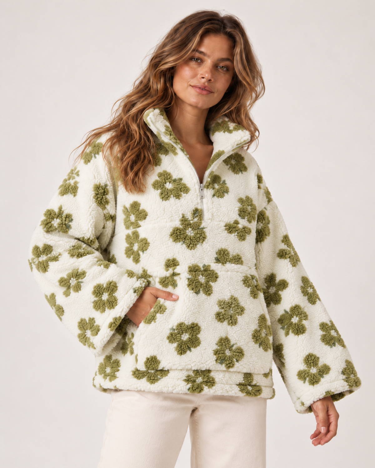 Women's Borg Jacket with Floral Pattern and Half Zip ivory green floral close variant view
