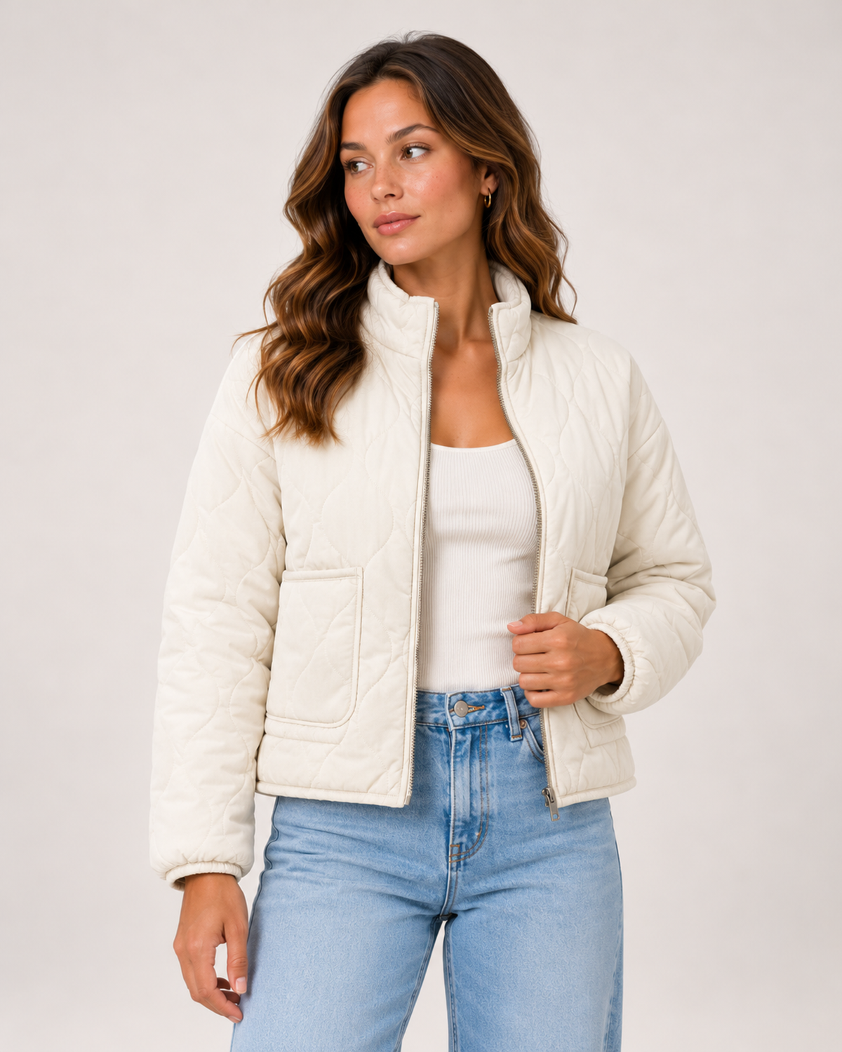 Women's Quilted Jacket – Lightweight Casual Jacket with Front Pockets ivory close variant view