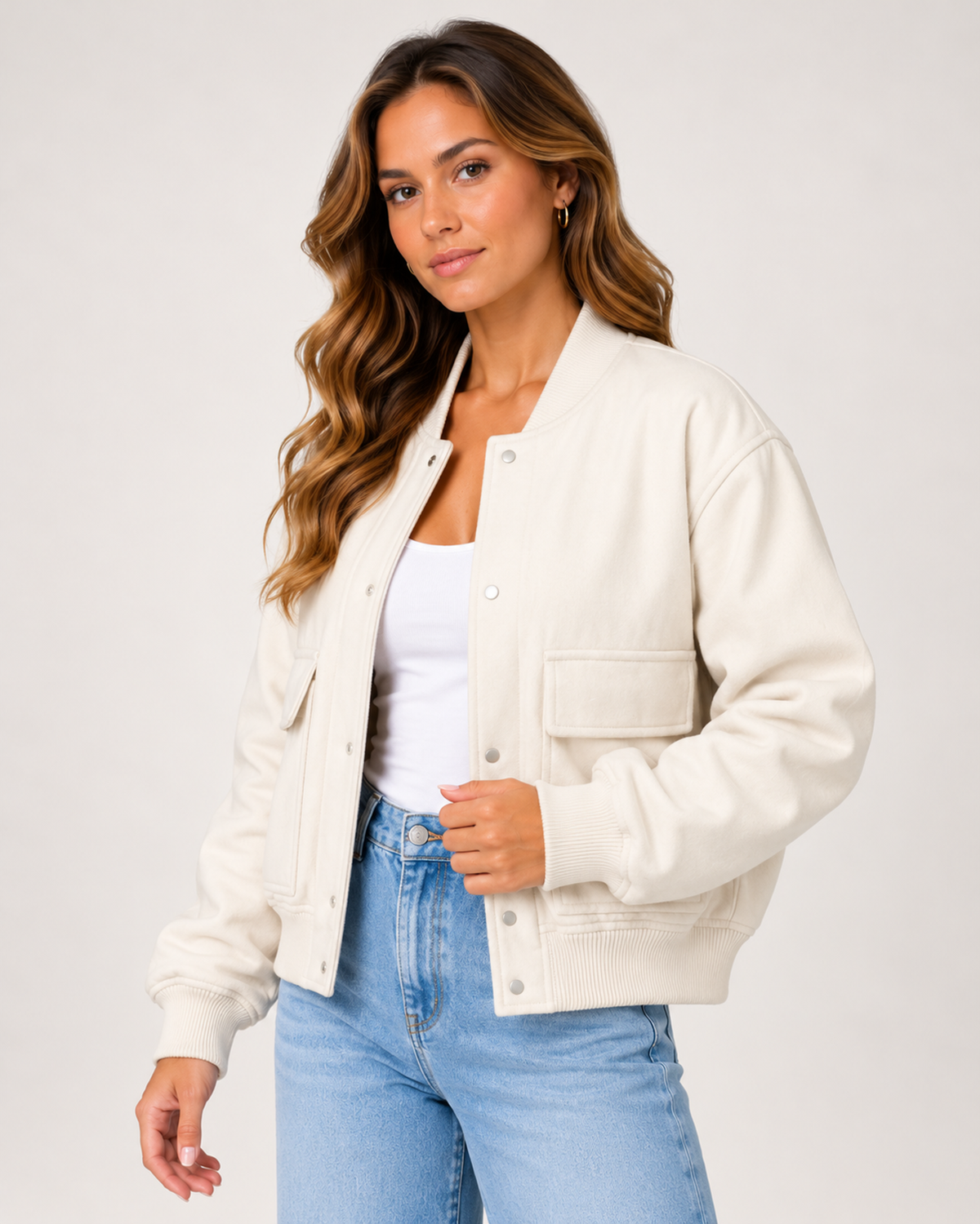 Women's Oversized Bomber Jacket – Button Front Casual Jacket ivory close variant view
