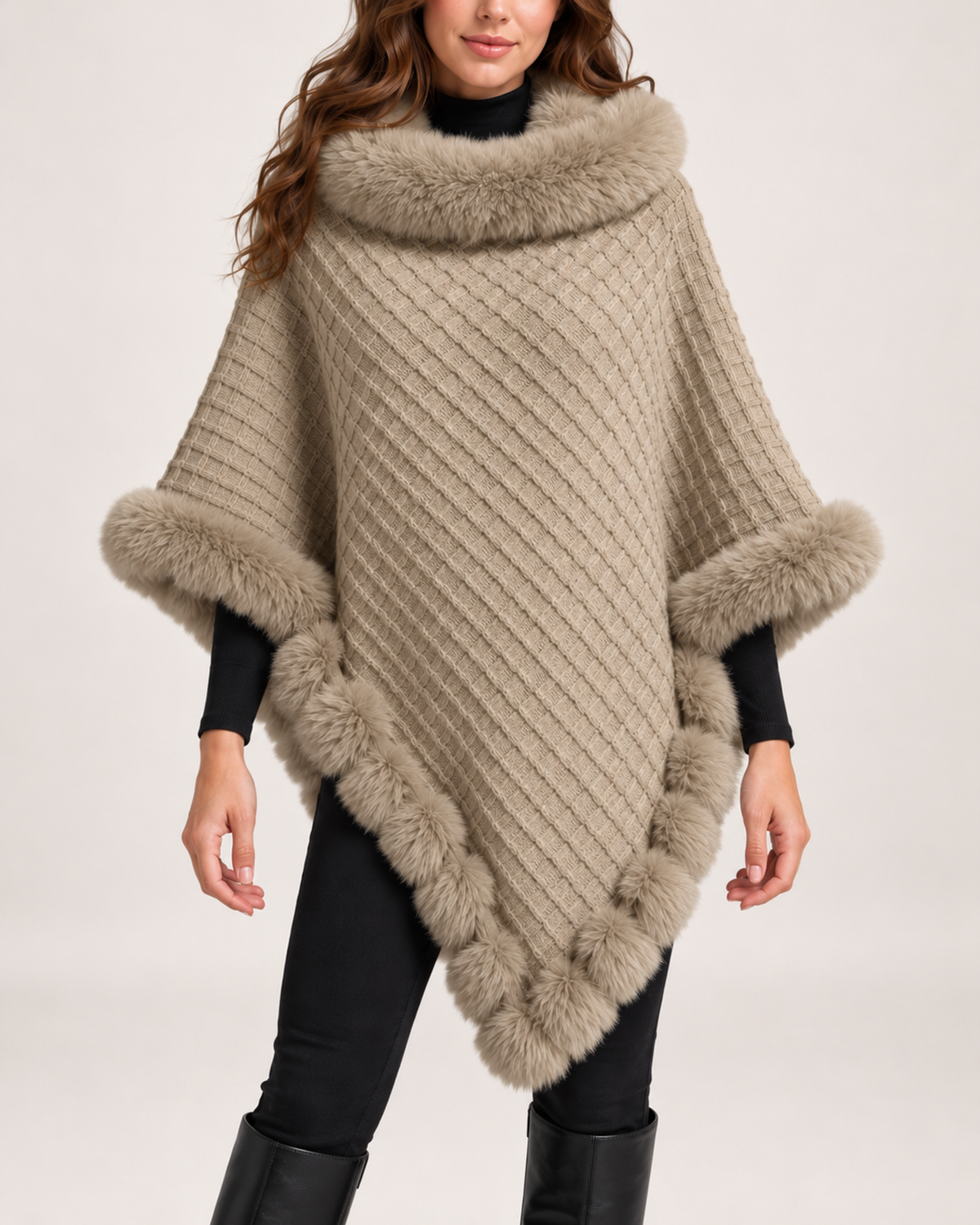 Women's khaki cape coat with faux fur trim close variant view