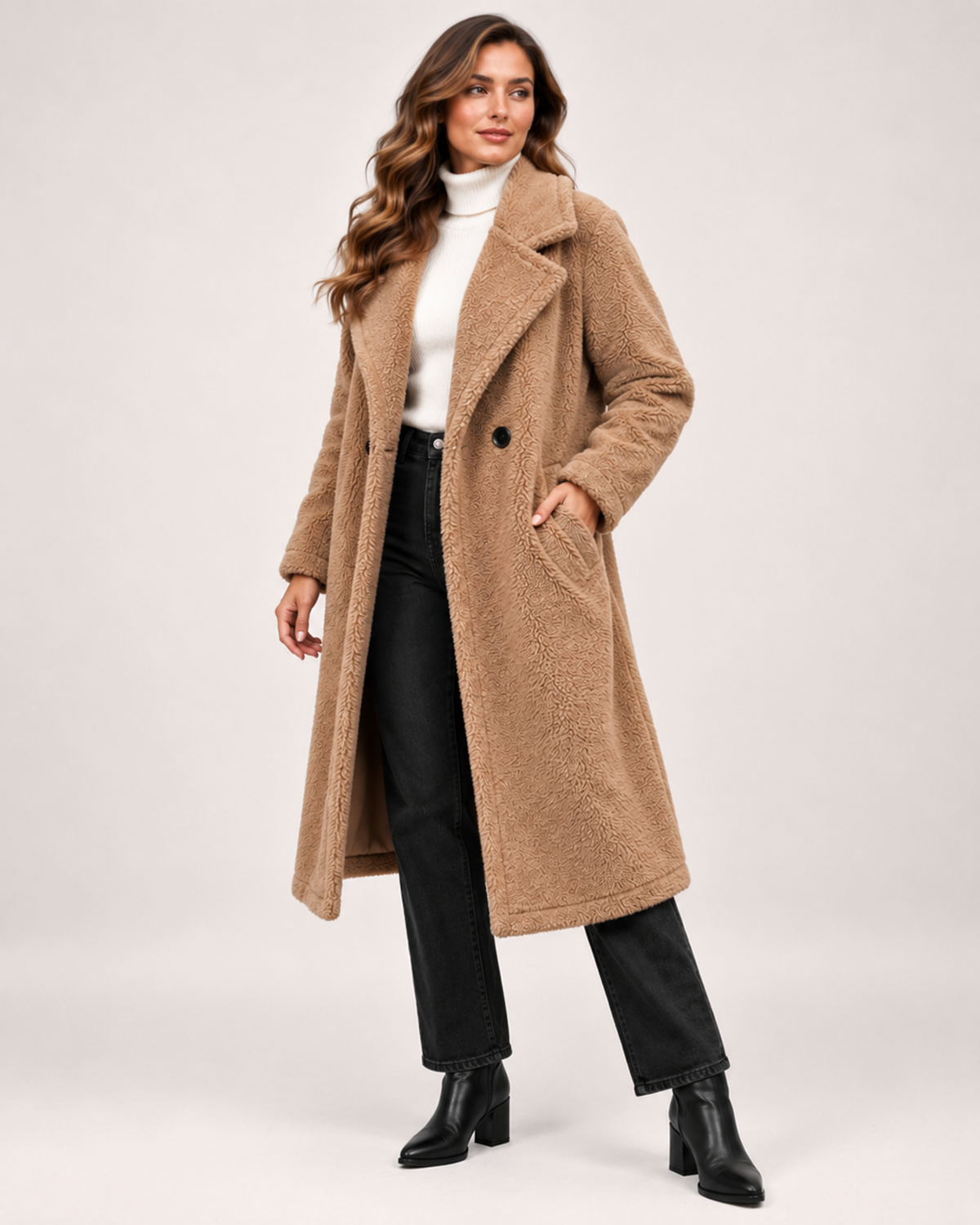 Women's Borg Coat with Long Shape and Lapel Collar khaki close variant view