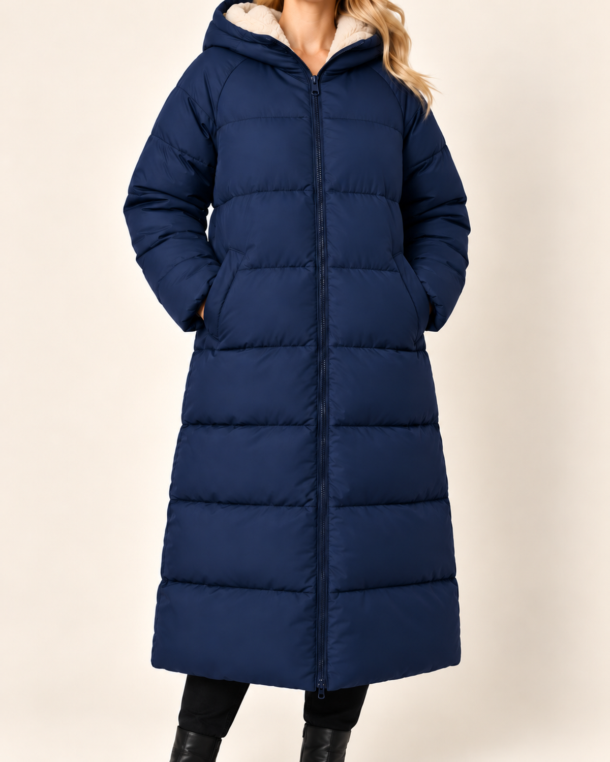 Women's navy blue long puffer coat with hood close variant view
