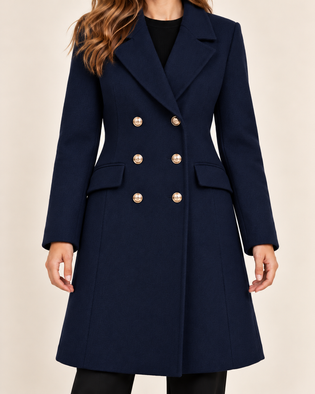 Women's navy blue double breasted lapel coat close variant view