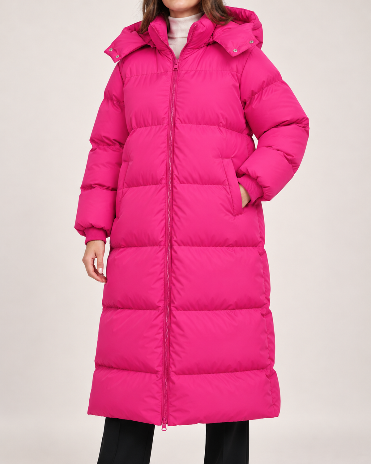 Women's pink long hooded puffer coat close variant view