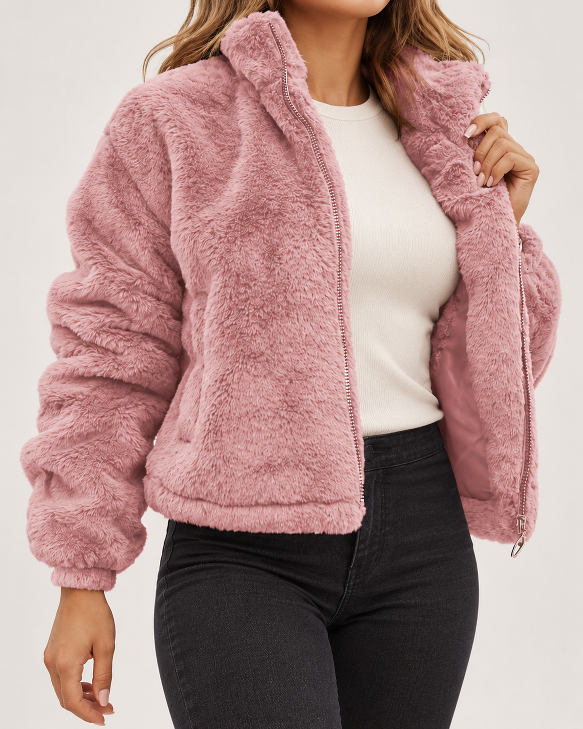 Women’s pink fleece jacket close open product view