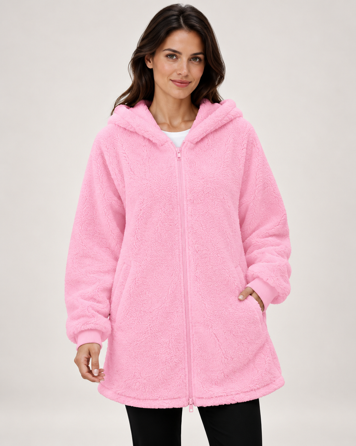 Women's pink fleece hooded jacket close variant view