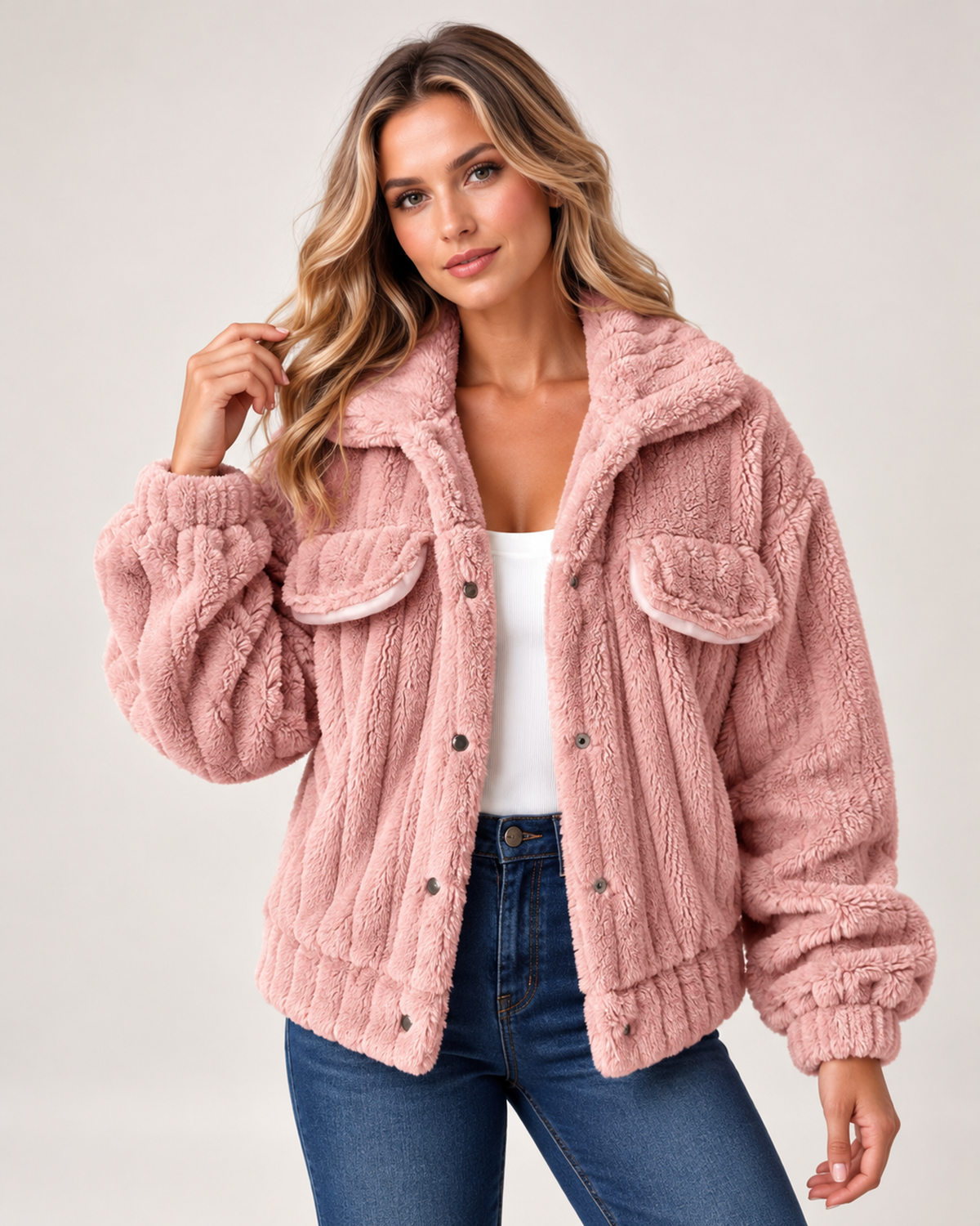 Women's Borg Jacket with Collar and Chest Pockets pink close variant view
