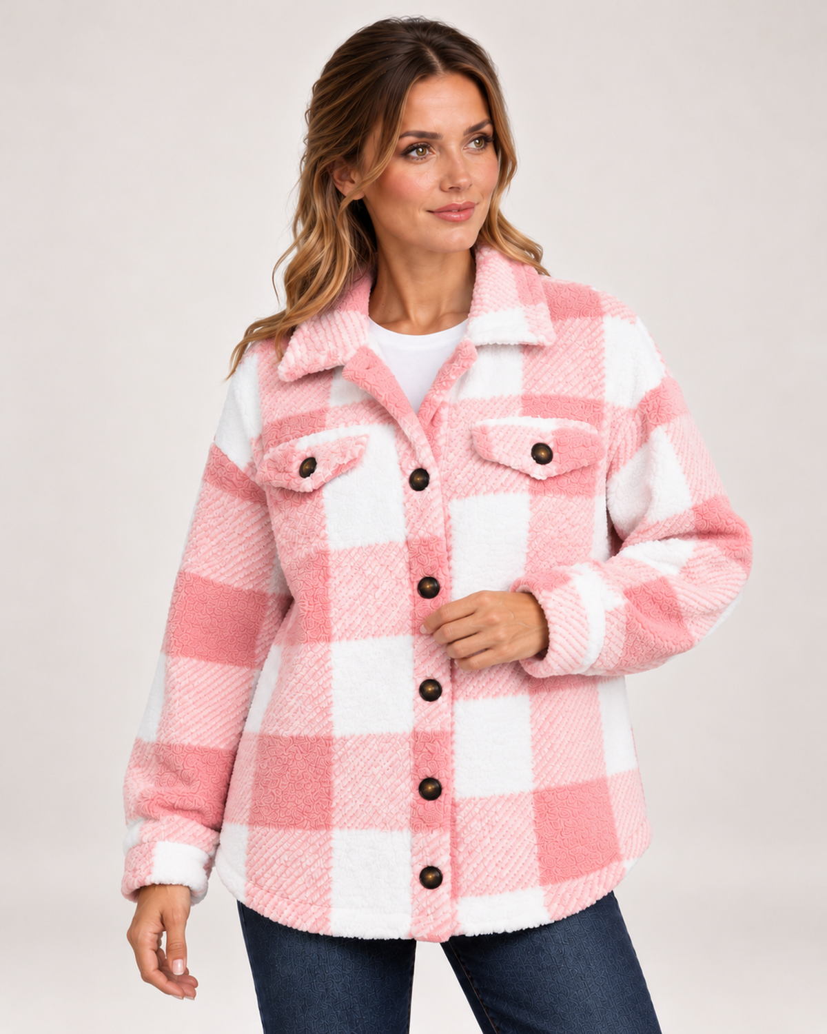 Women's Fleece Jacket with Checked Pattern and Button Front pink close variant view
