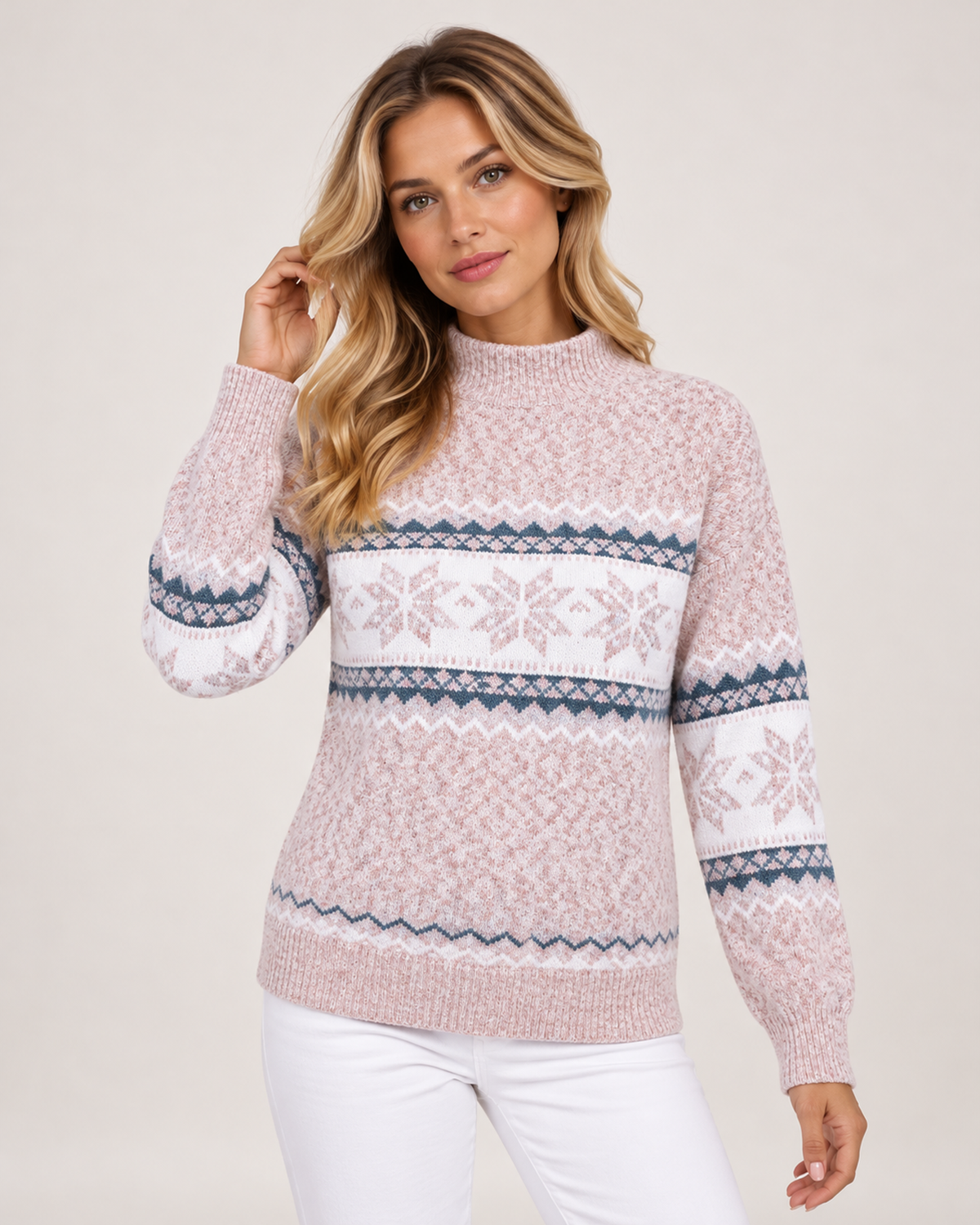 Women's Christmas Jumper with Fair Isle Pattern and Roll Neck pink close variant view