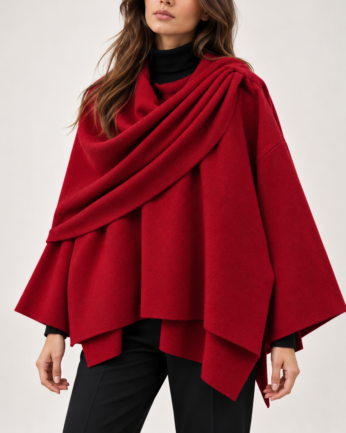 Women's red asymmetric scarf cape coat close variant view