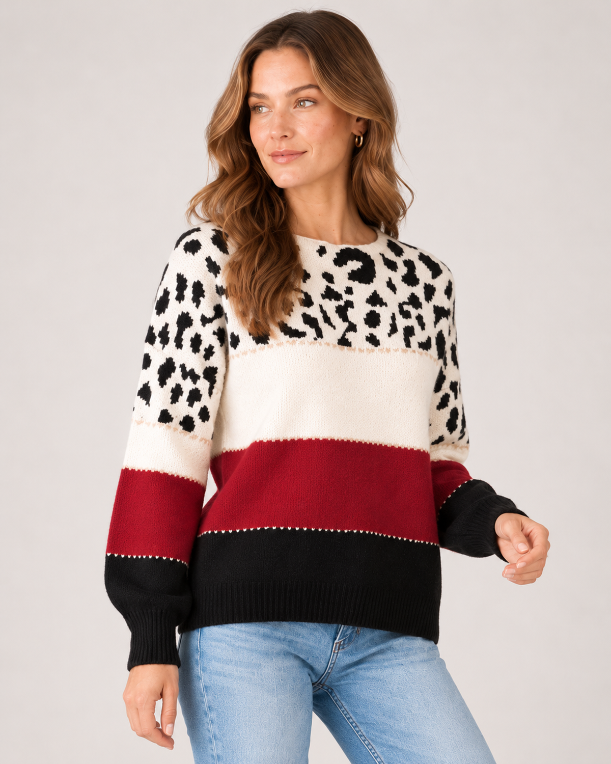 Women's Knitted Jumper Patterned Colour Block Crew Neck Style red close variant view