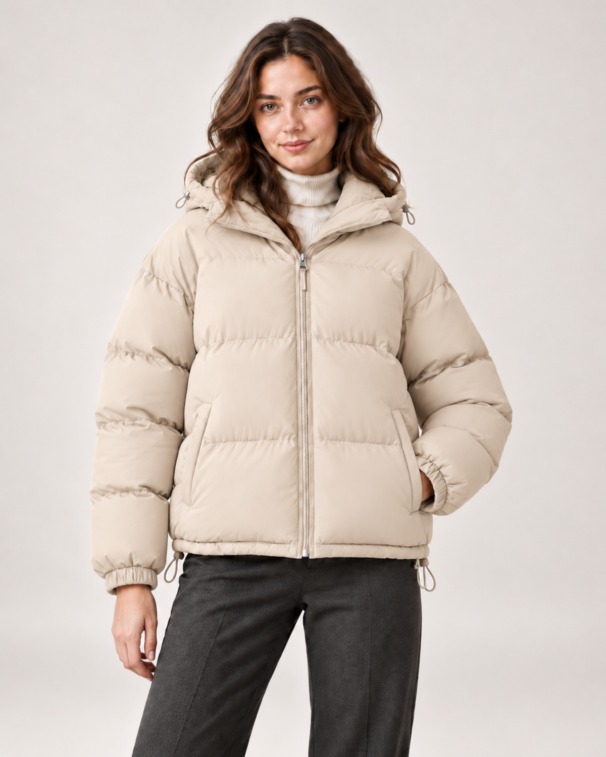 Women's beige puffer jacket with hood and drawcord hem