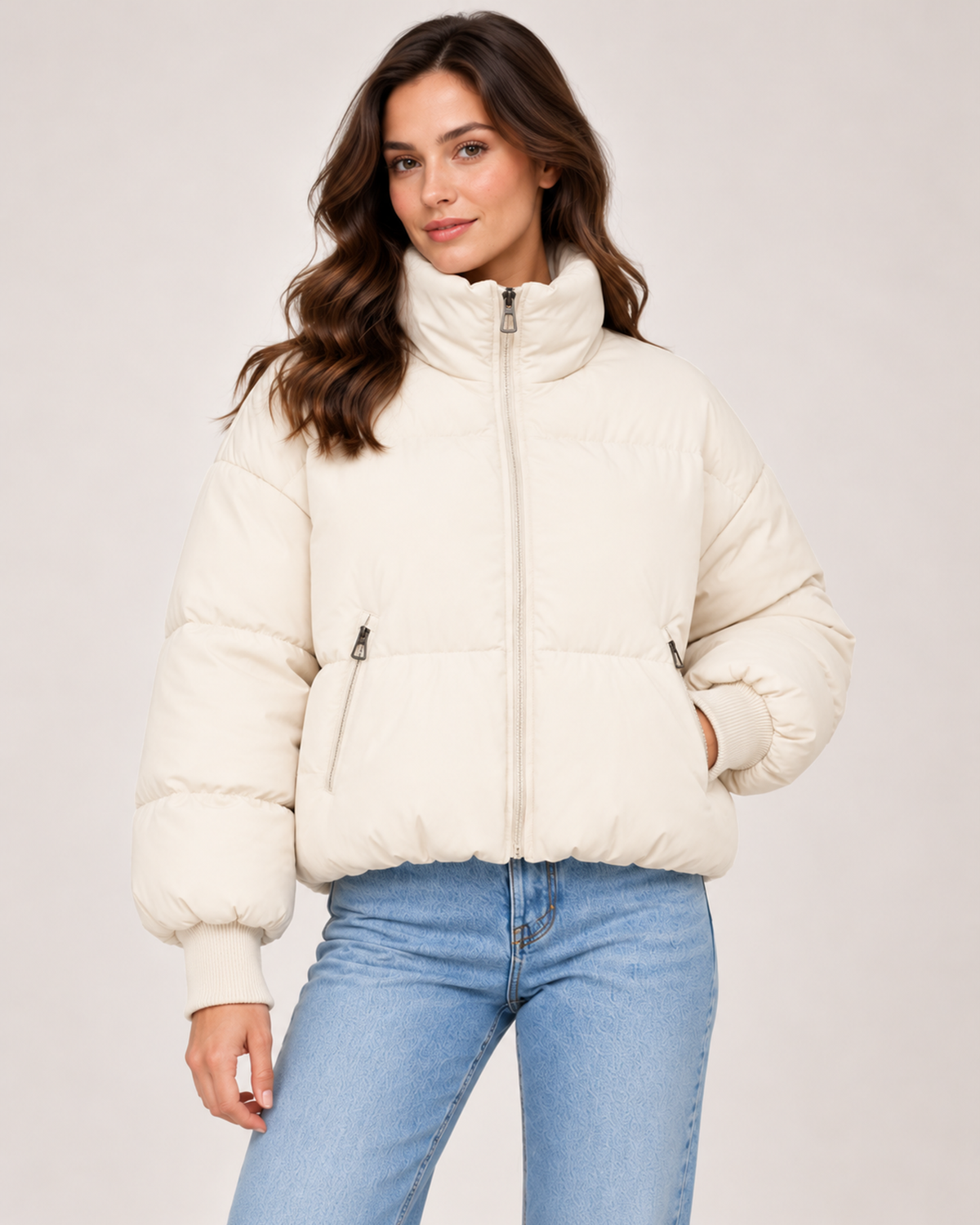 Women's cropped puffer jacket in beige