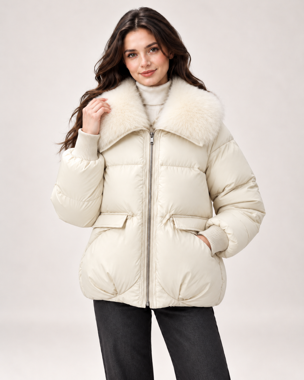 Women’s beige puffer jacket with faux fur collar