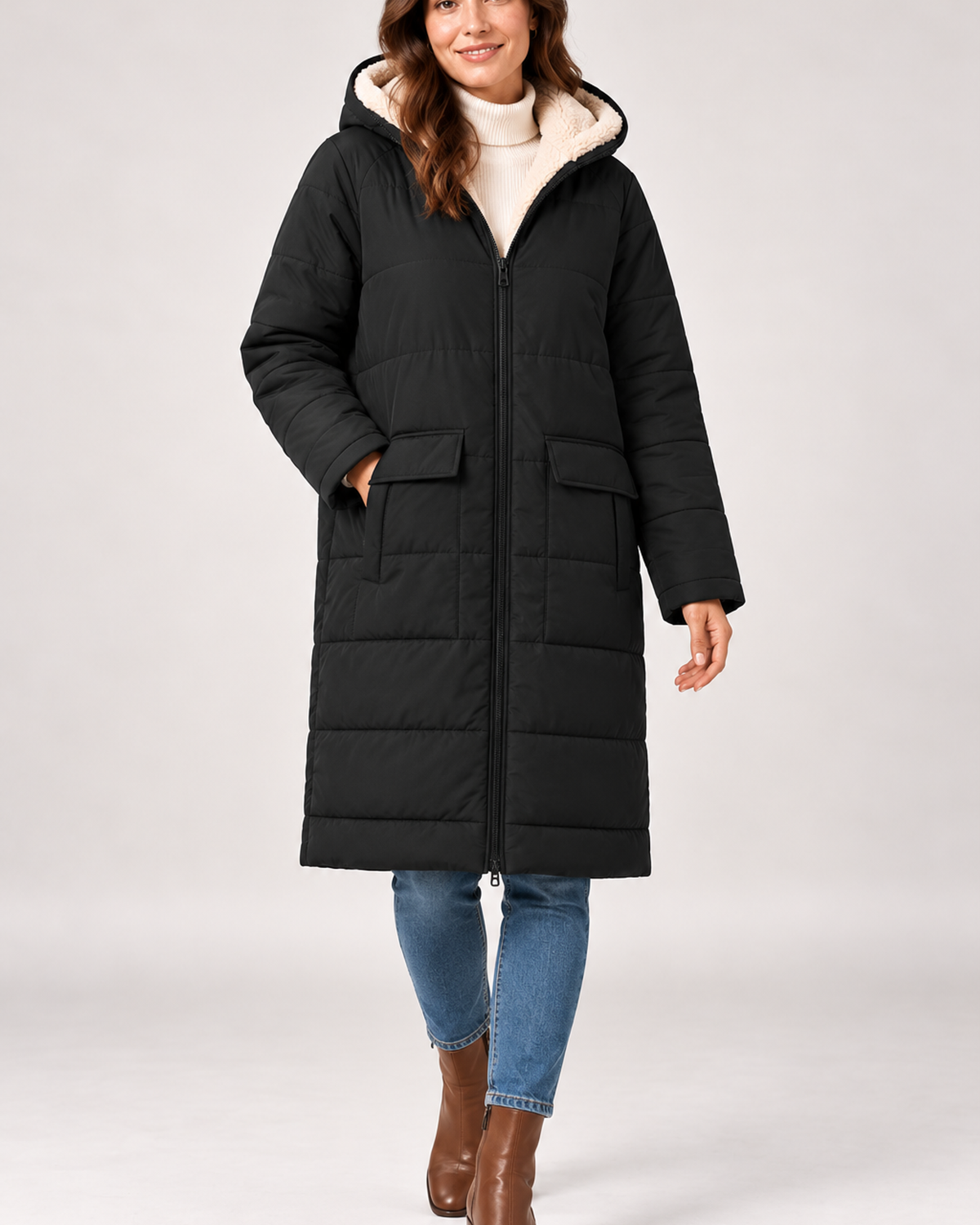 Women's long hooded puffer coat in black
