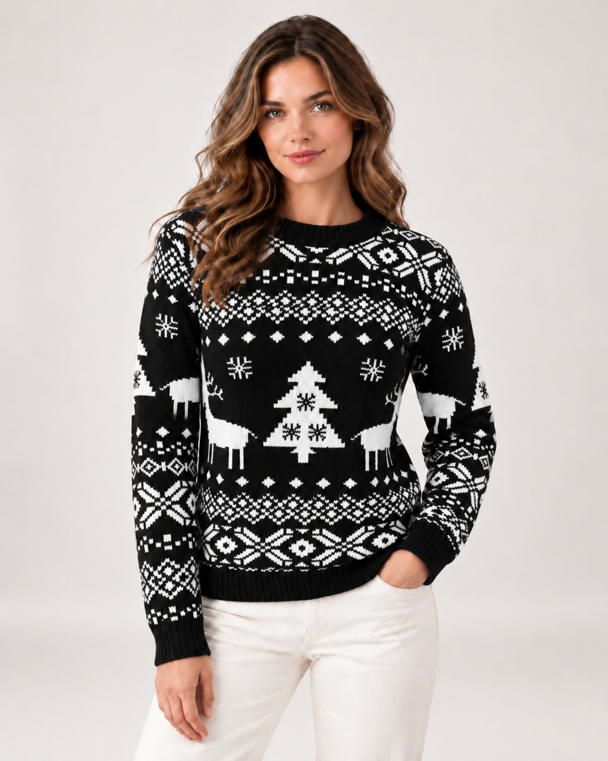 Women's black Christmas jumper with reindeer pattern