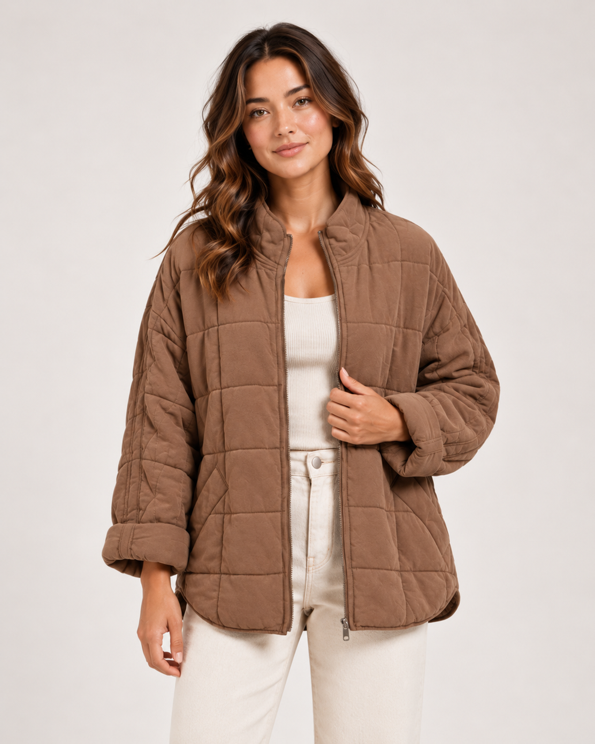 Women's brown quilted zip up jacket
