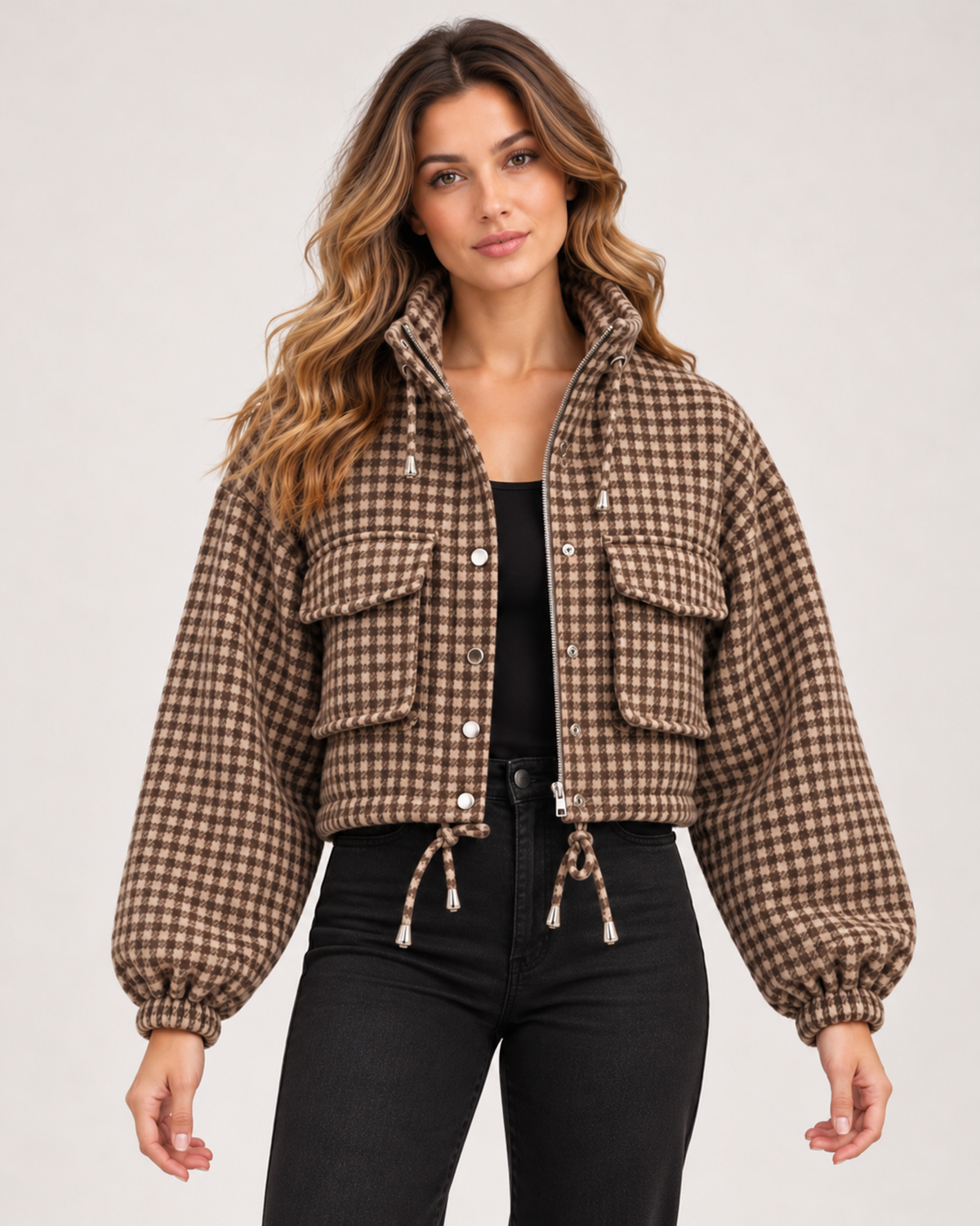 Women's brown checked cropped jacket