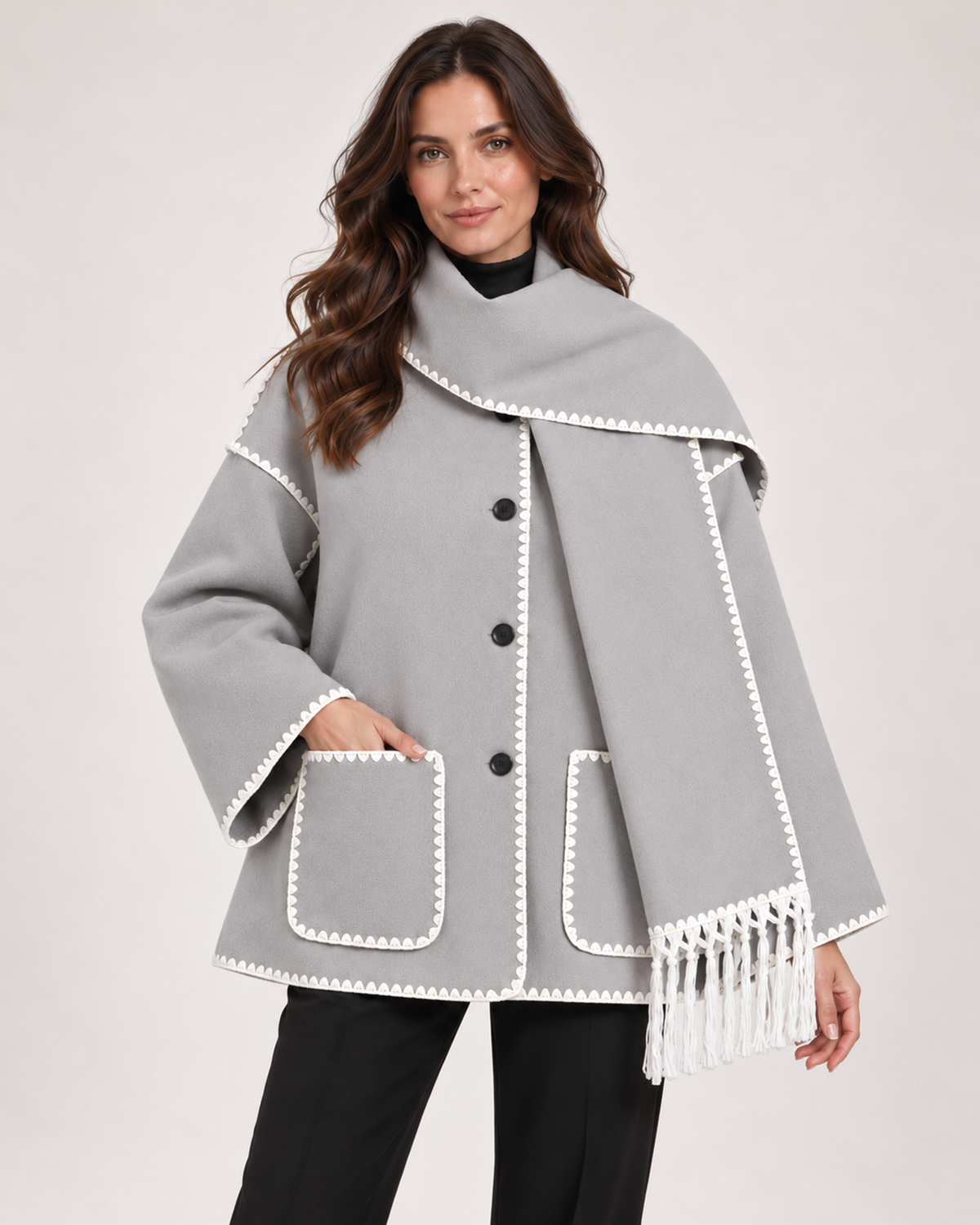Women's grey cape coat with scarf collar