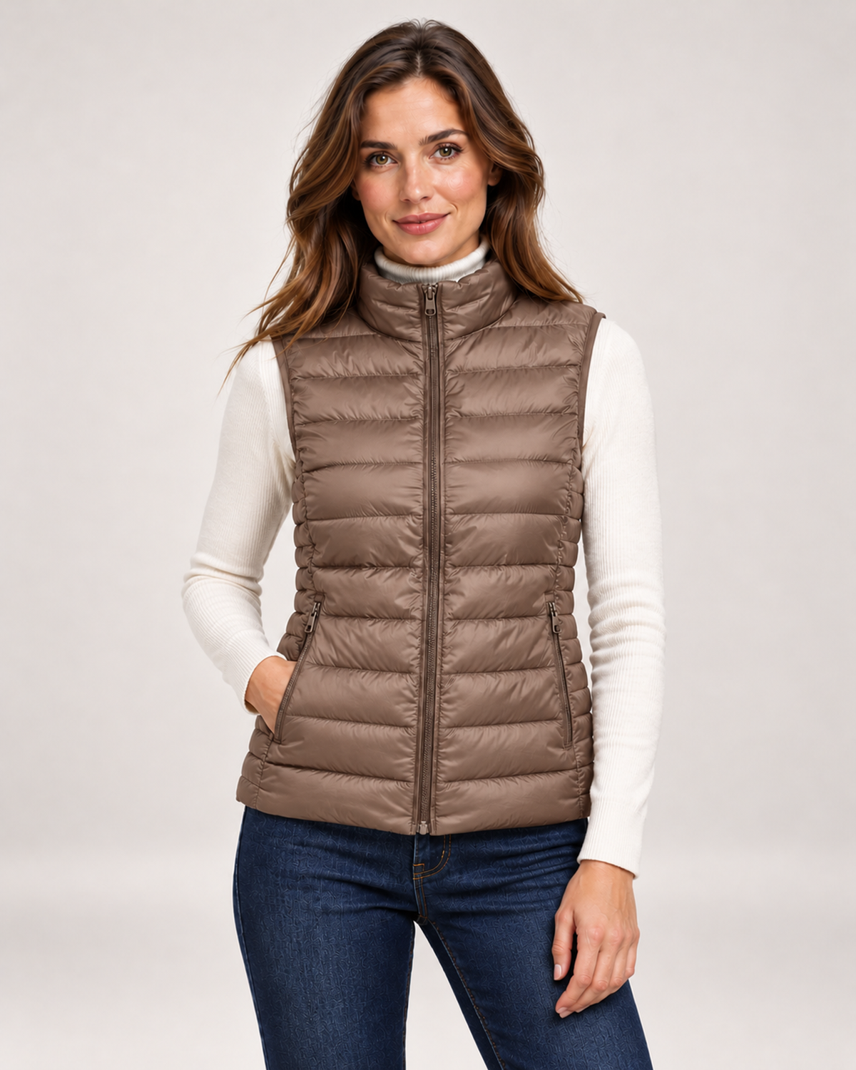 Women's khaki lightweight gilet with stand collar