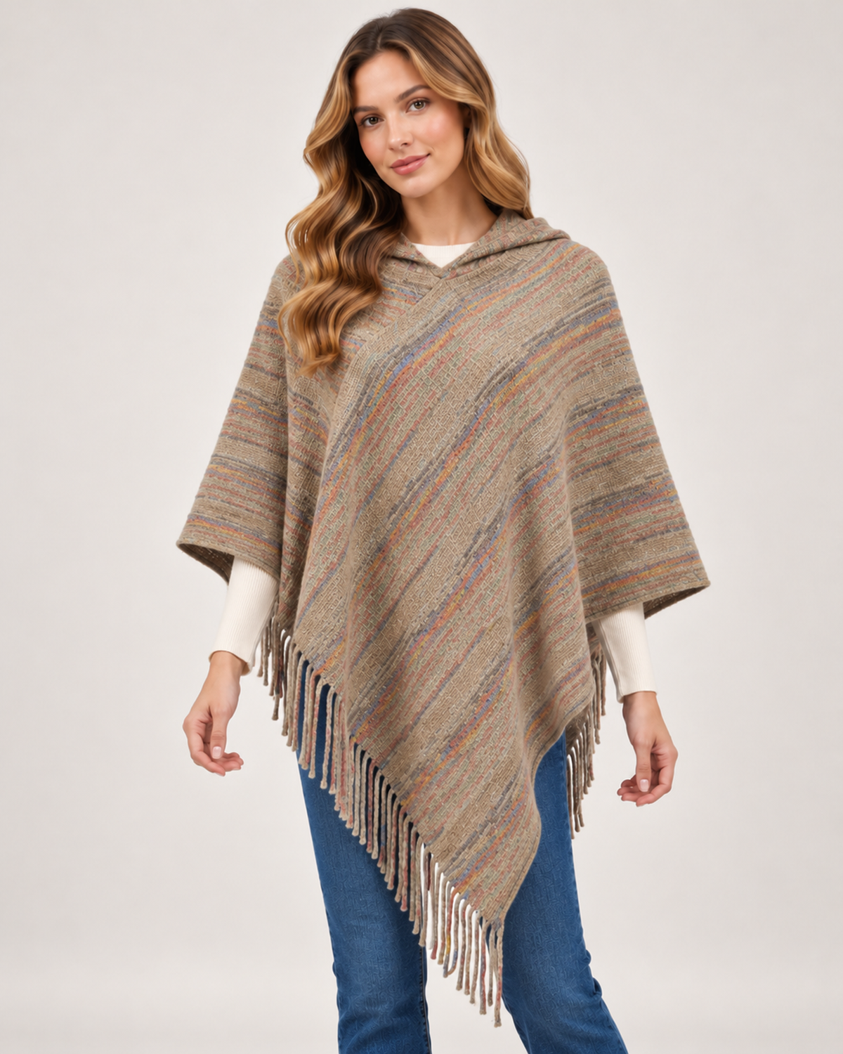 Women's khaki striped hooded poncho