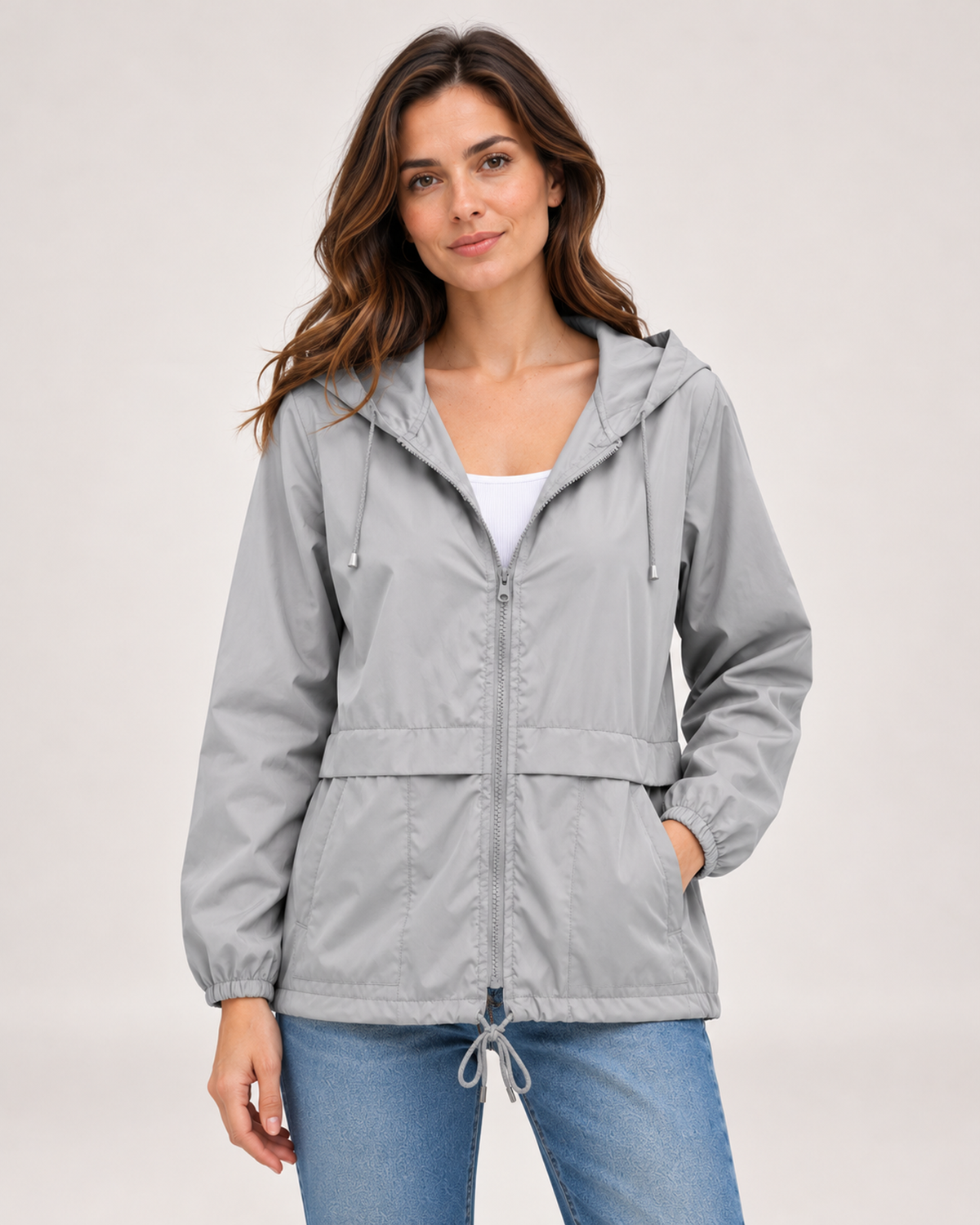 Women's light grey lightweight hooded utility jacket
