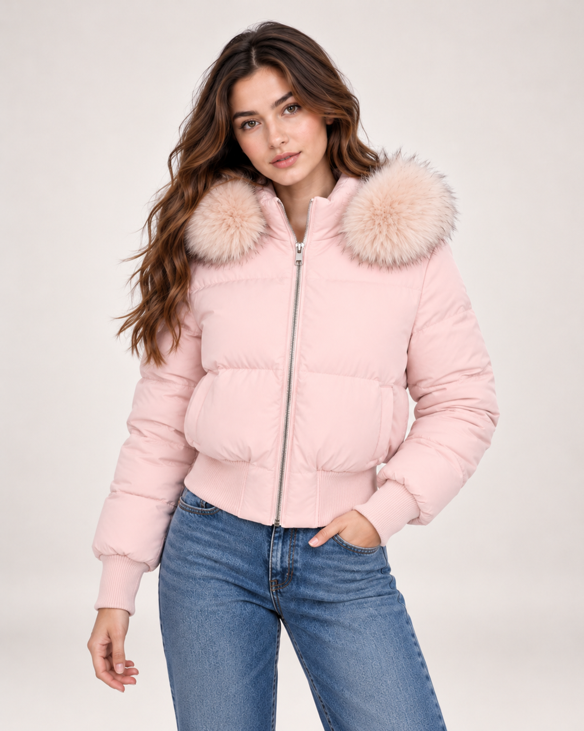 Women's pink cropped puffer jacket with faux fur hood trim