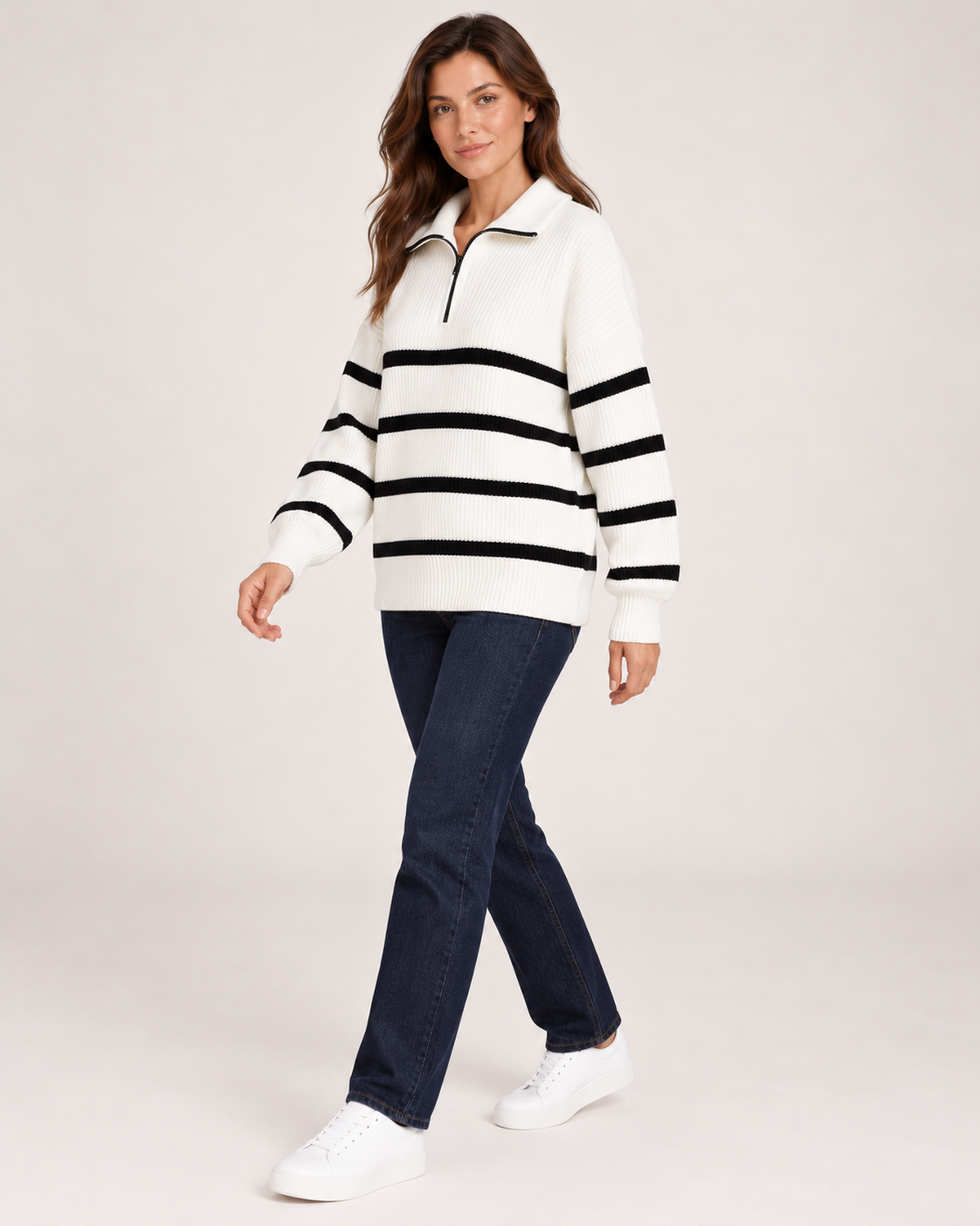 Women’s Striped Jumper with Half Zip Collar in White, three quarter body view