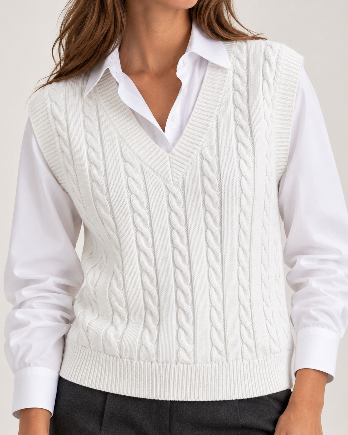 Women's white cable knit sweater vest close variant view