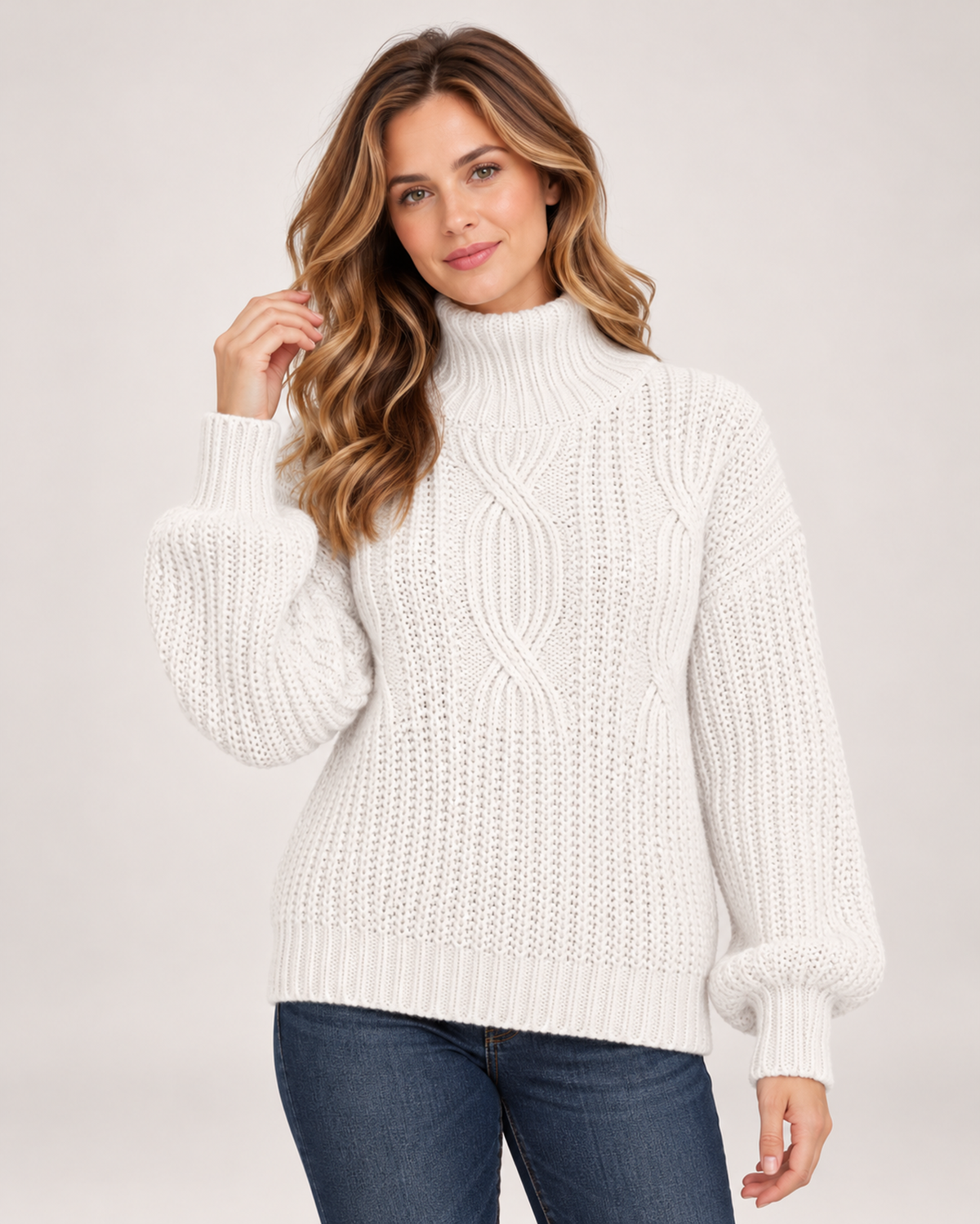 Women's Cable Knit Jumper with Roll Neck and Balloon Sleeves white close variant view