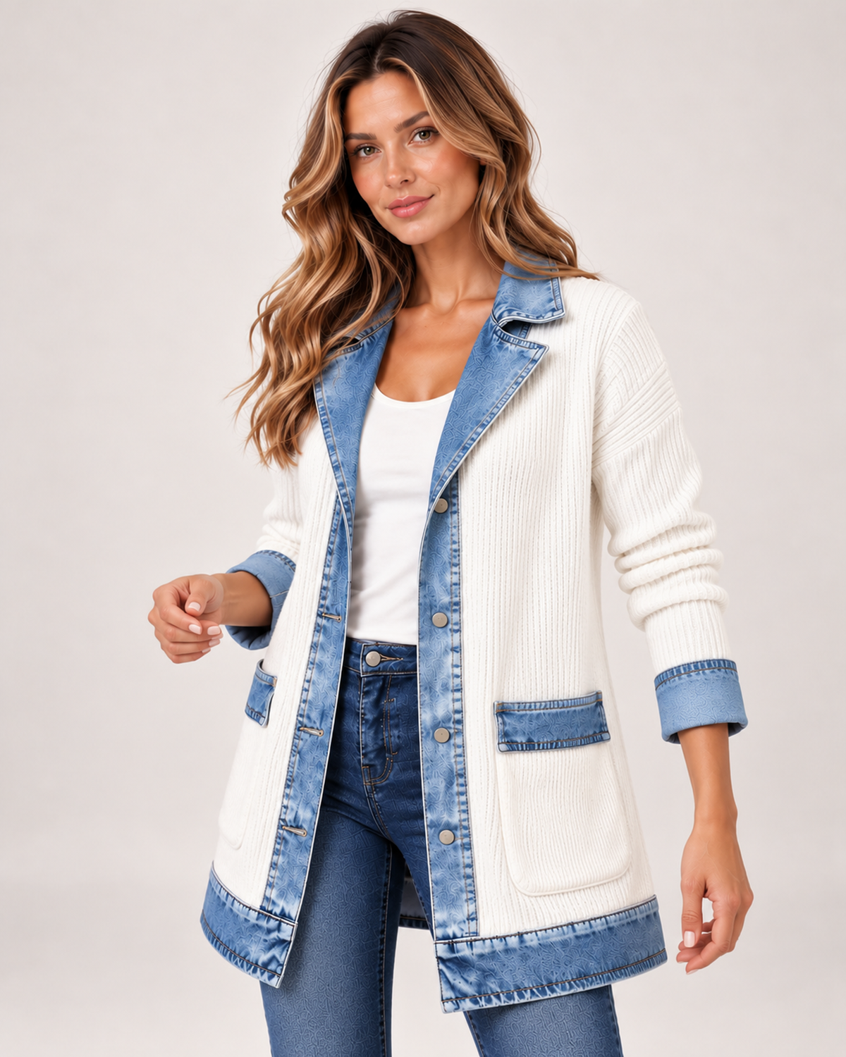 Women's Coatigan with Denim Collar and Button Front white close variant view