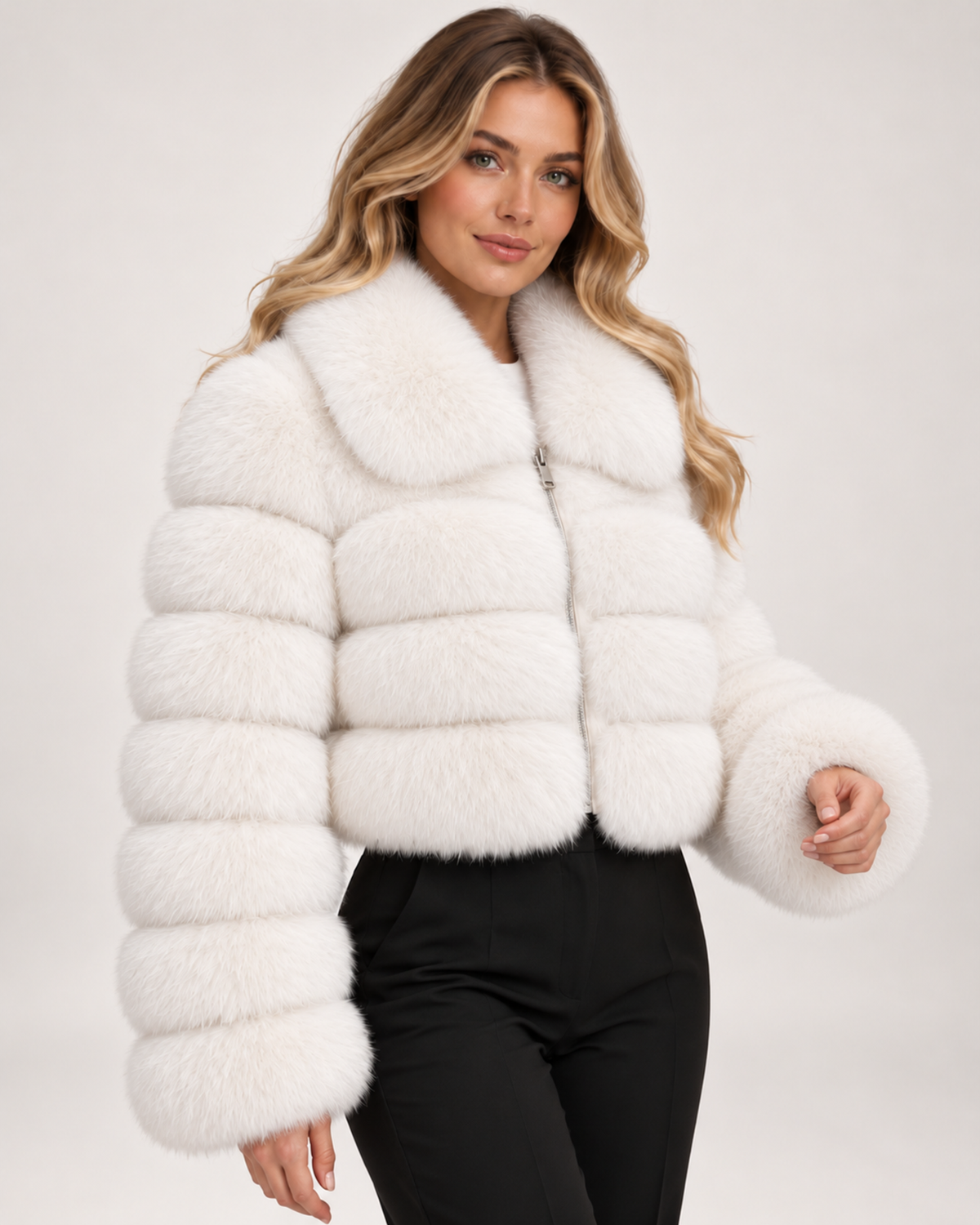 Women's Faux Fur Jacket with Cropped Shape and Wide Collar white close variant view