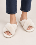 Women’s Fluffy Slippers with Cross Straps and Open Toe in White, lower leg product focus view